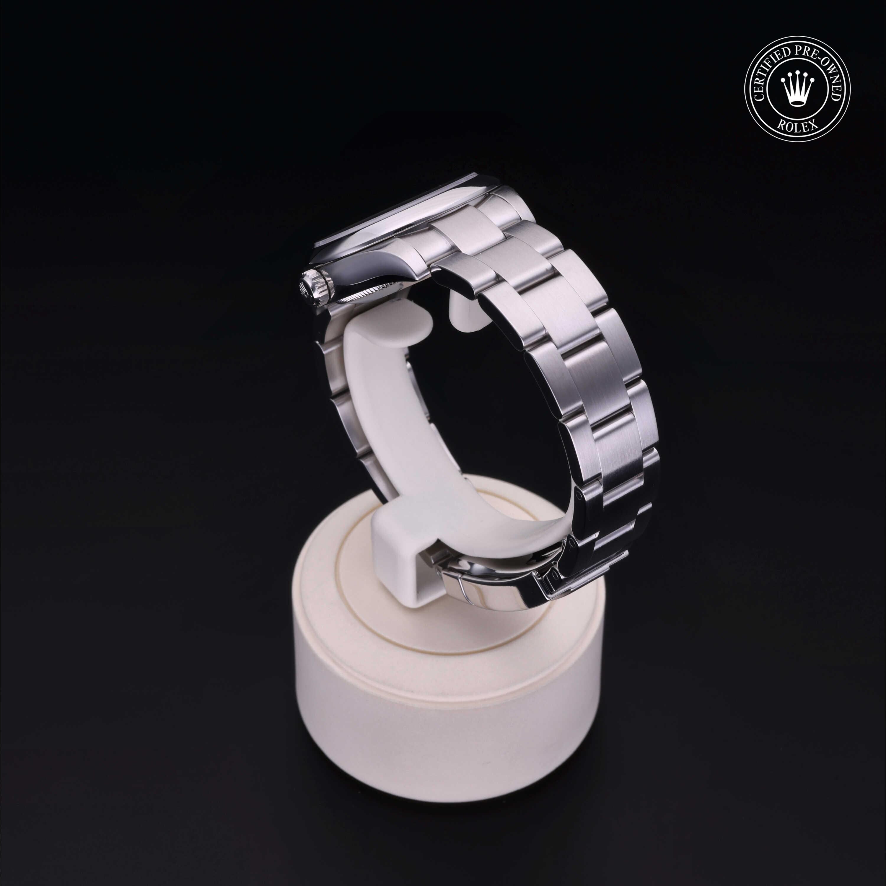 Rolex Certified Pre-owned Oyster Perpetual M177200-0017 front on black background