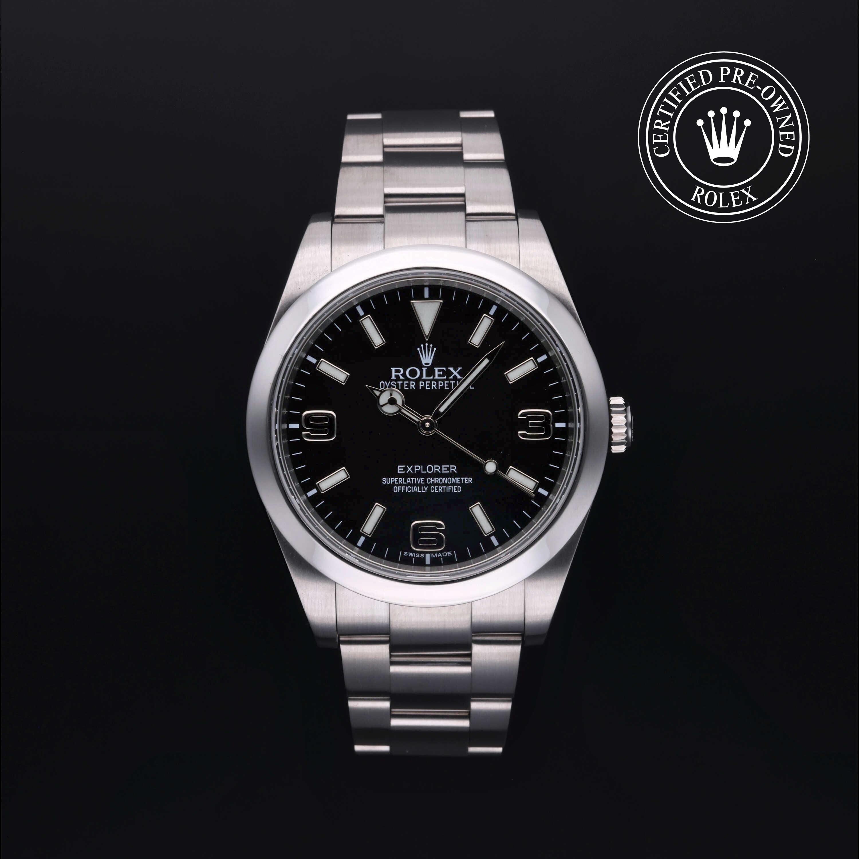 Rolex Certified Pre-owned Explorer M214270-0001 front on black background