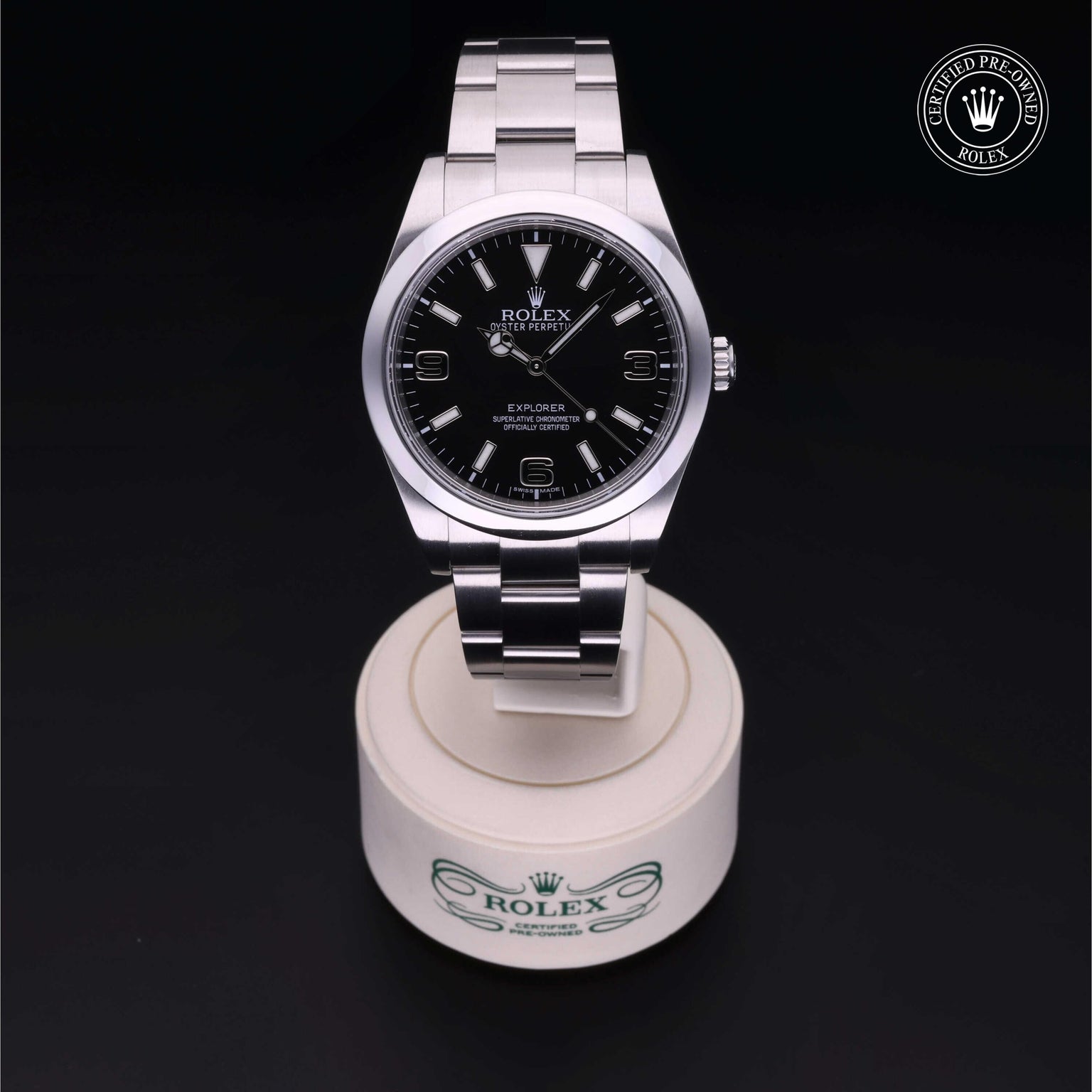 Rolex Certified Pre-owned Explorer M214270-0001 front on black background
