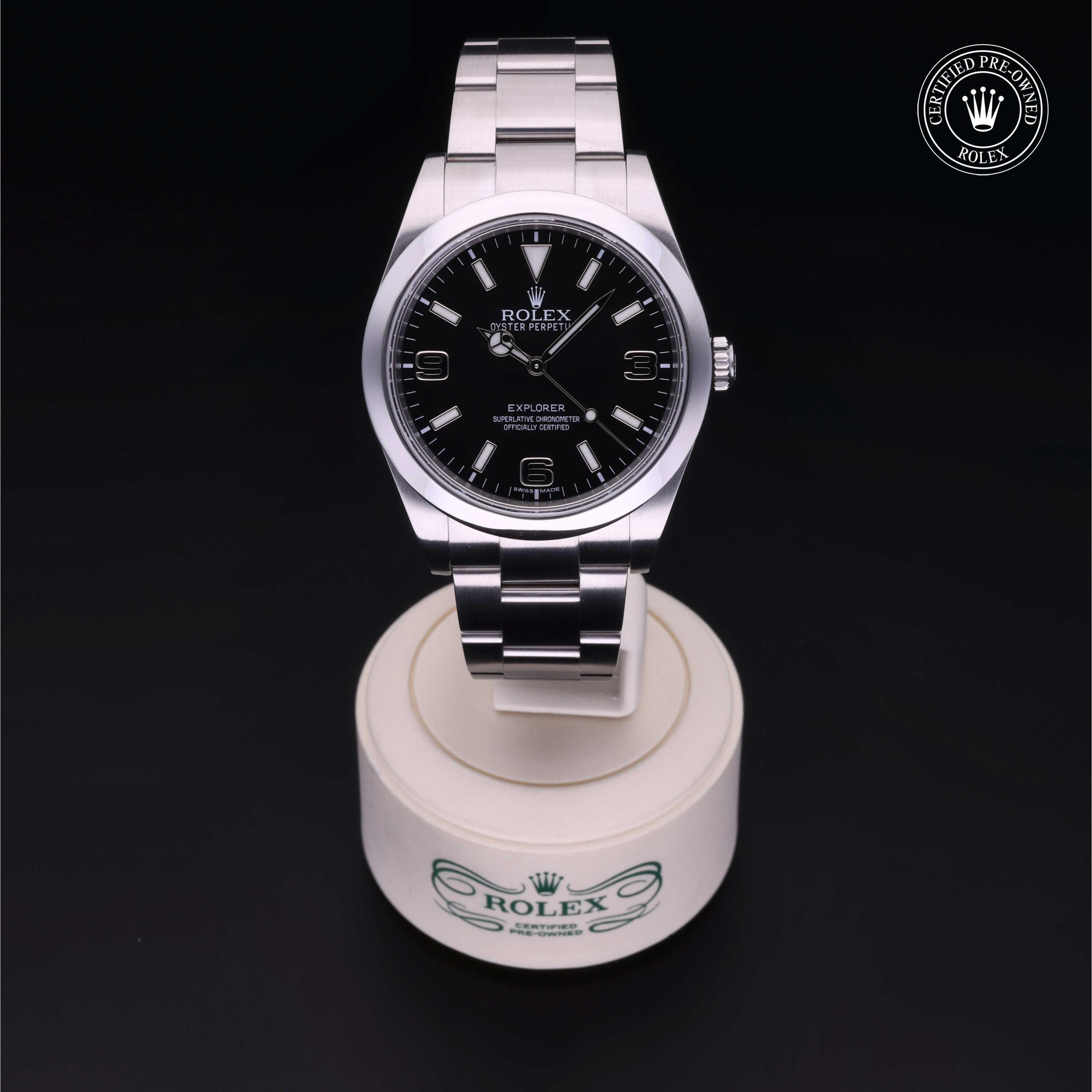 Rolex Certified Pre-owned Explorer M214270-0001 front on black background
