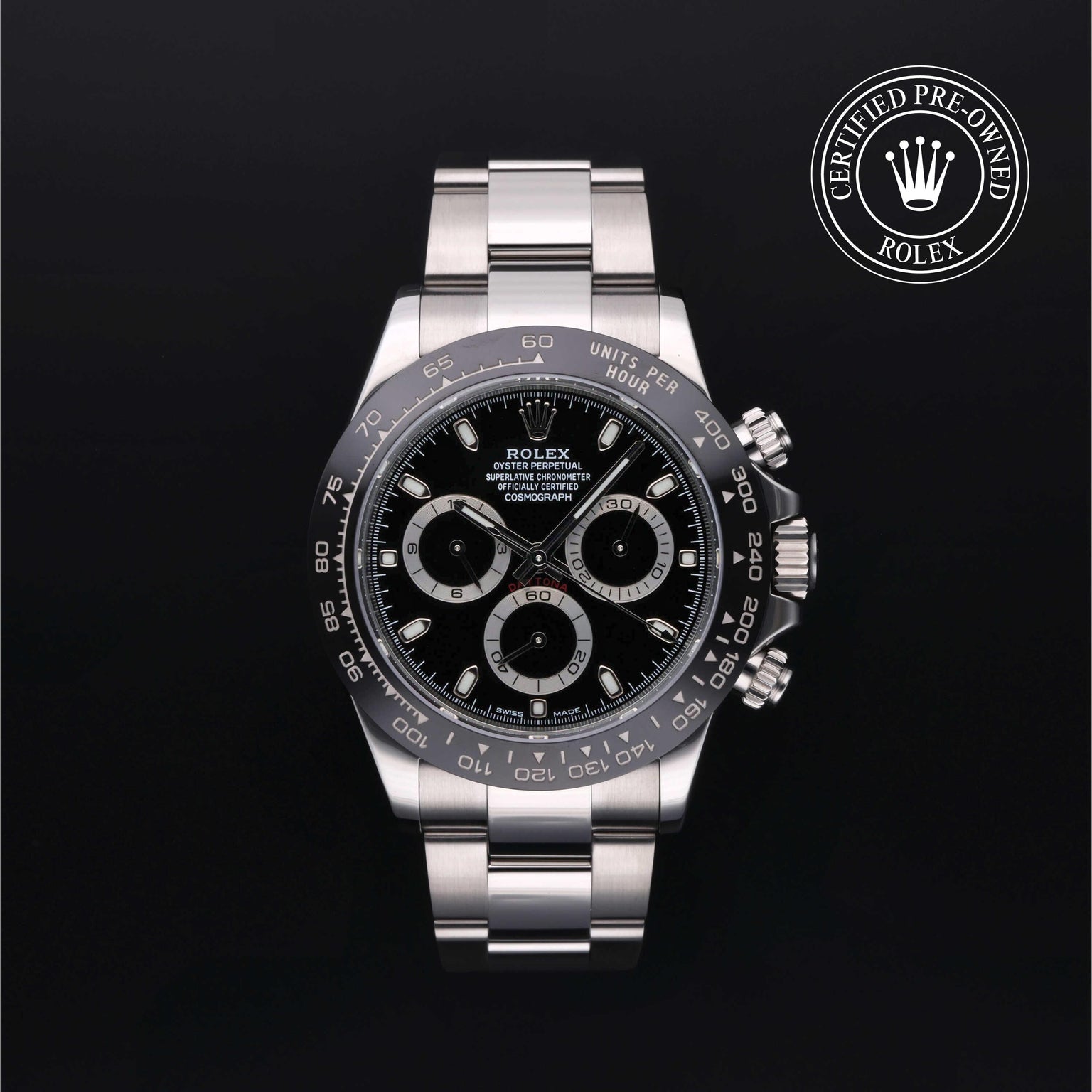 Rolex Certified Pre-owned Daytona M116500LN-0002 front on black background