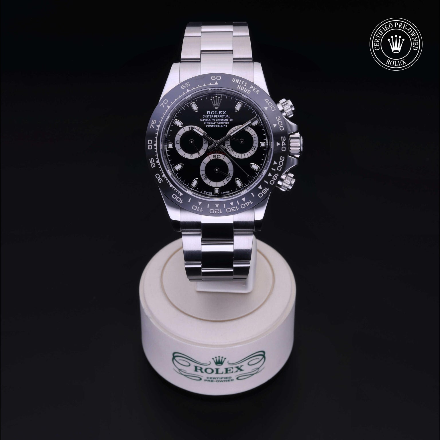 Rolex Certified Pre-owned Daytona M116500LN-0002 front on black background