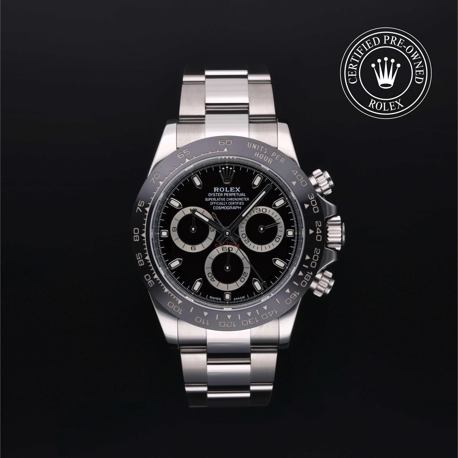 Rolex Certified Pre-owned Daytona M116500LN-0002 front on black background