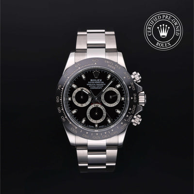 Rolex Certified Pre-owned Daytona M116500LN-0002 front on black background