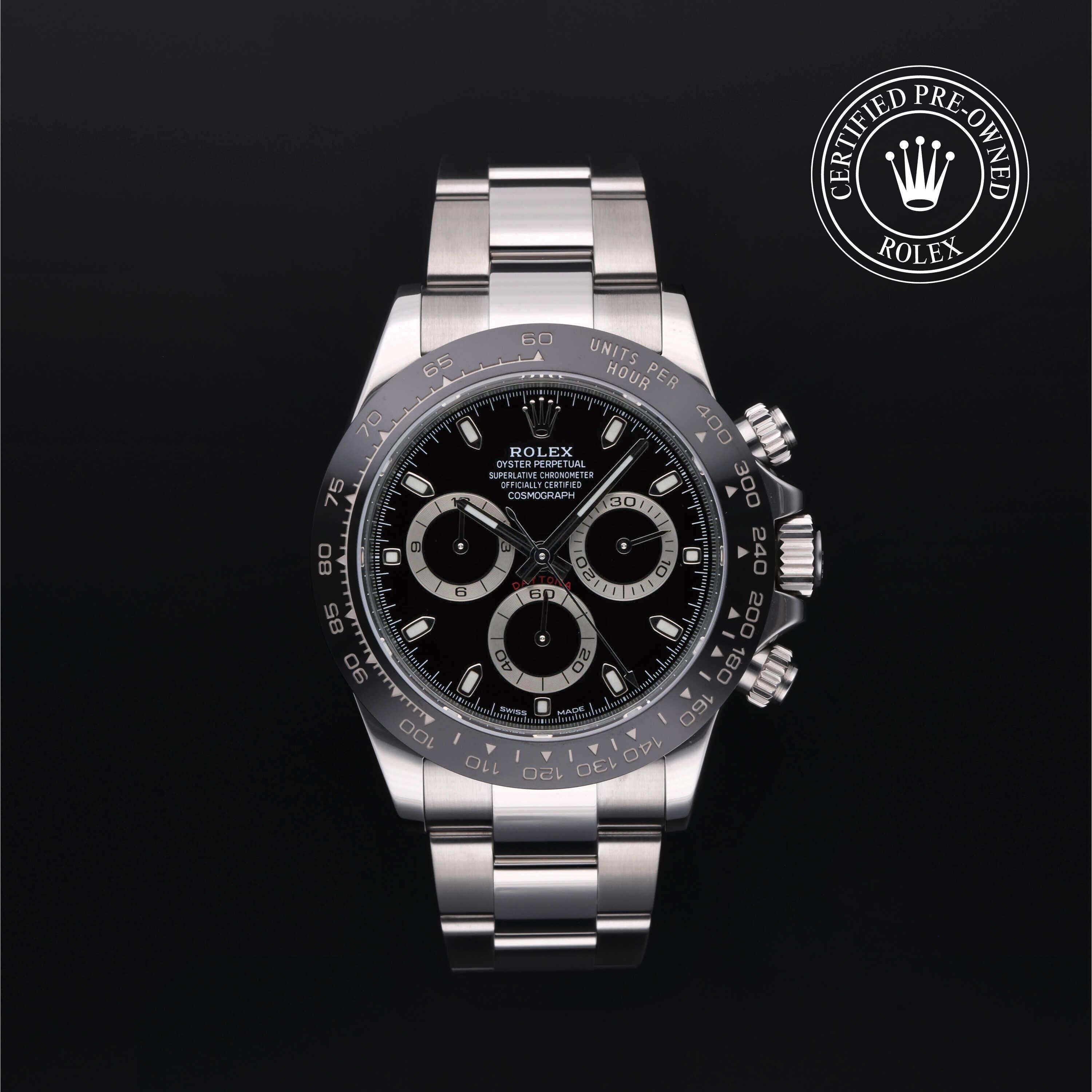 Rolex Certified Pre-owned Daytona M116500LN-0002 front on black background