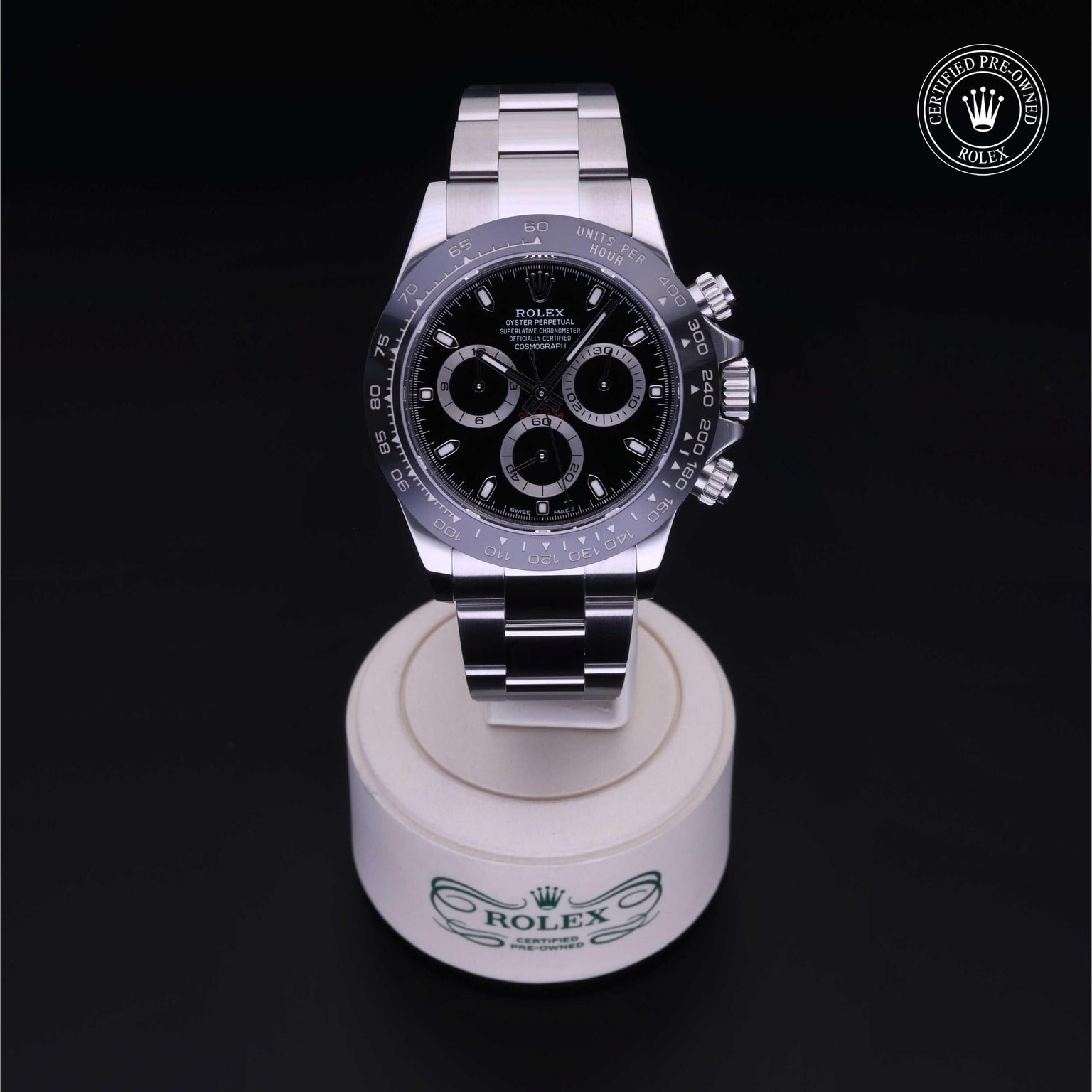 Rolex Certified Pre-owned Daytona M116500LN-0002 front on black background