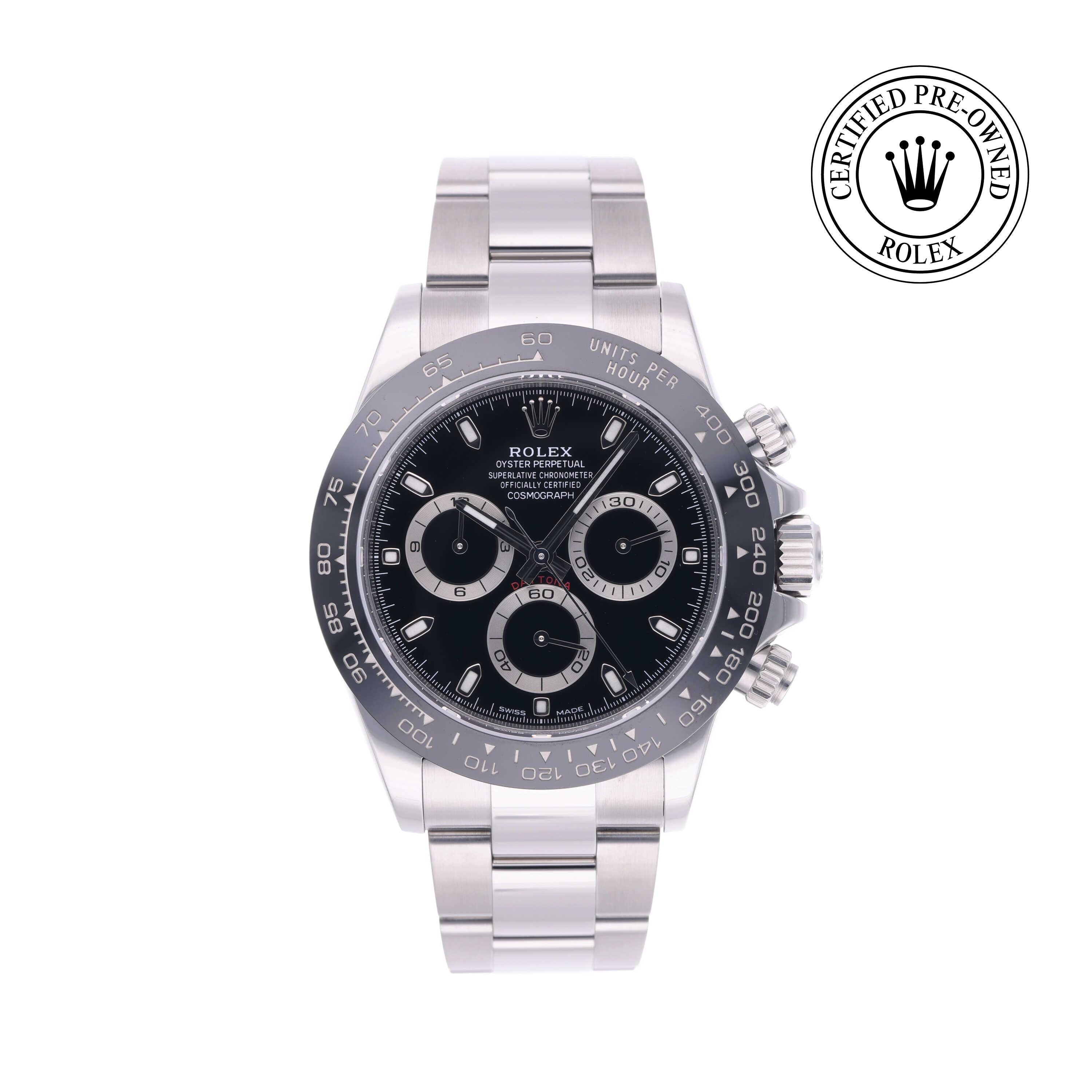Rolex Certified Pre-owned Daytona M116500LN-0002 front on white background