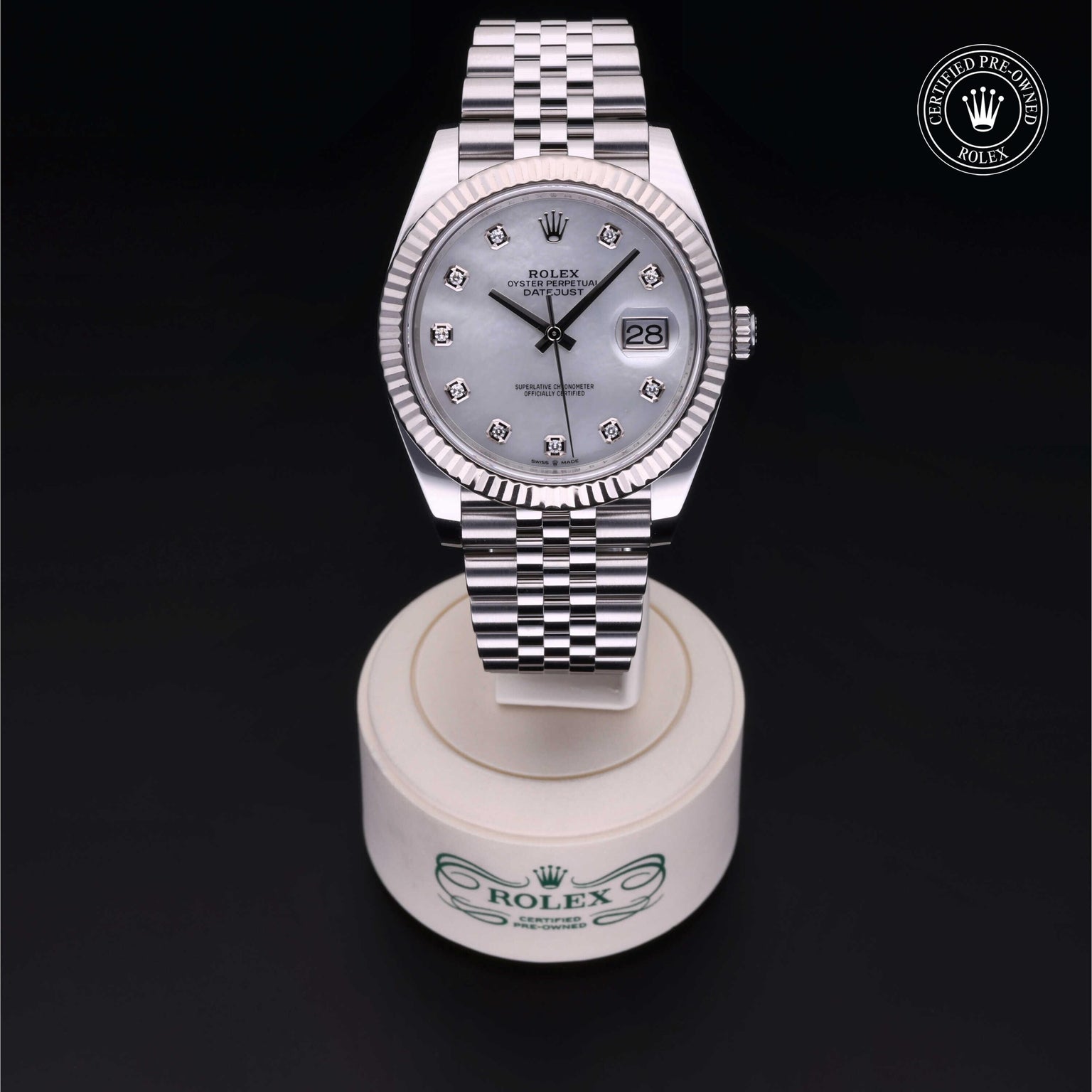 Rolex Certified Pre-owned Datejust M126334-0020 front on black background