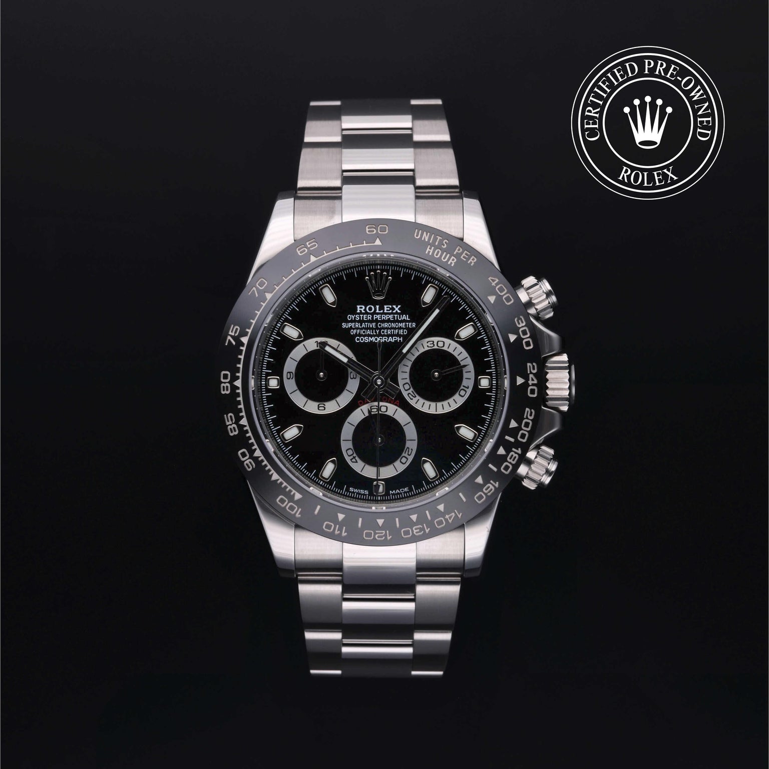 Rolex Certified Pre-owned Daytona M116500LN-0002 front on black background