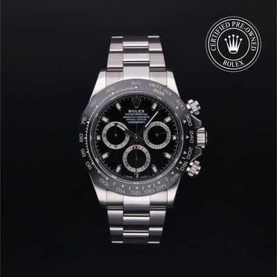 Rolex Certified Pre-owned Daytona M116500LN-0002 front on black background