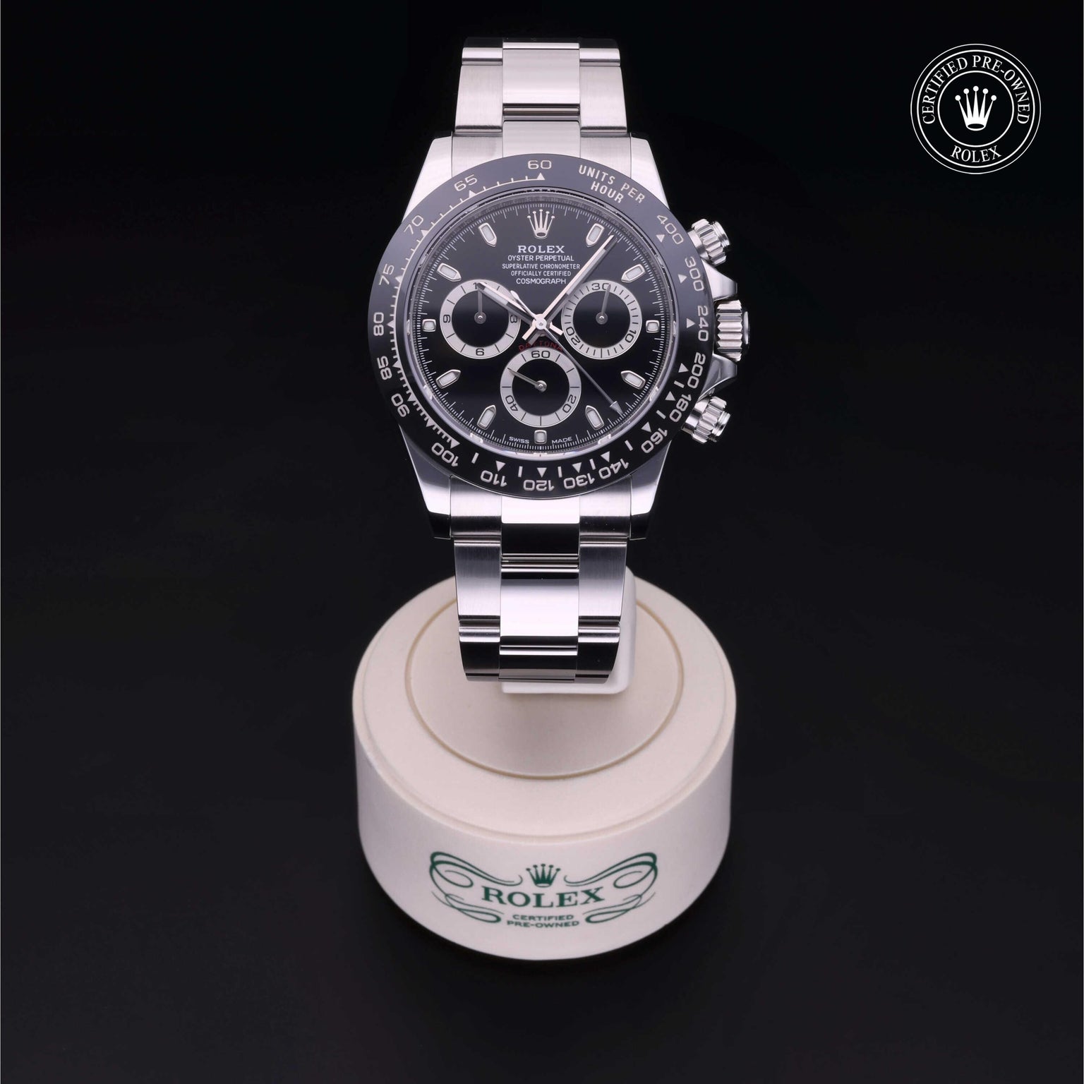 Rolex Certified Pre-owned Daytona M116500LN-0002 front on black background