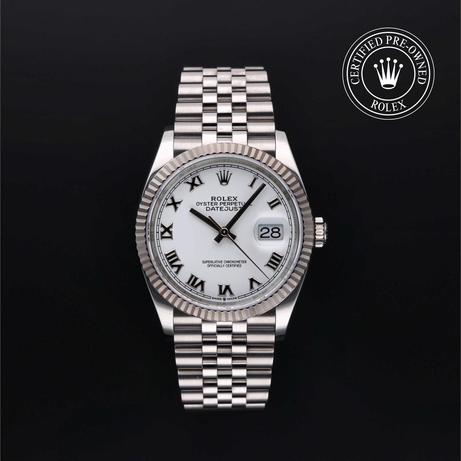 Rolex Certified Pre-owned Datejust M126234-0025 front on black background