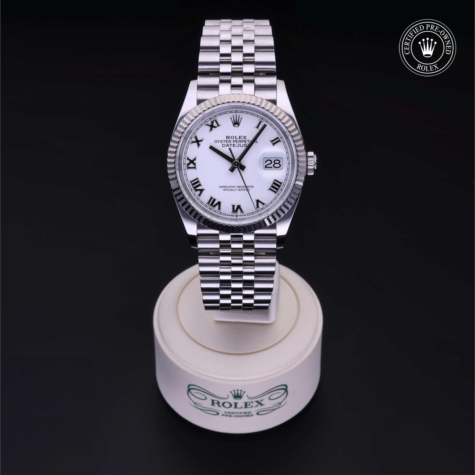 Rolex Certified Pre-owned Datejust M126234-0025 front on black background