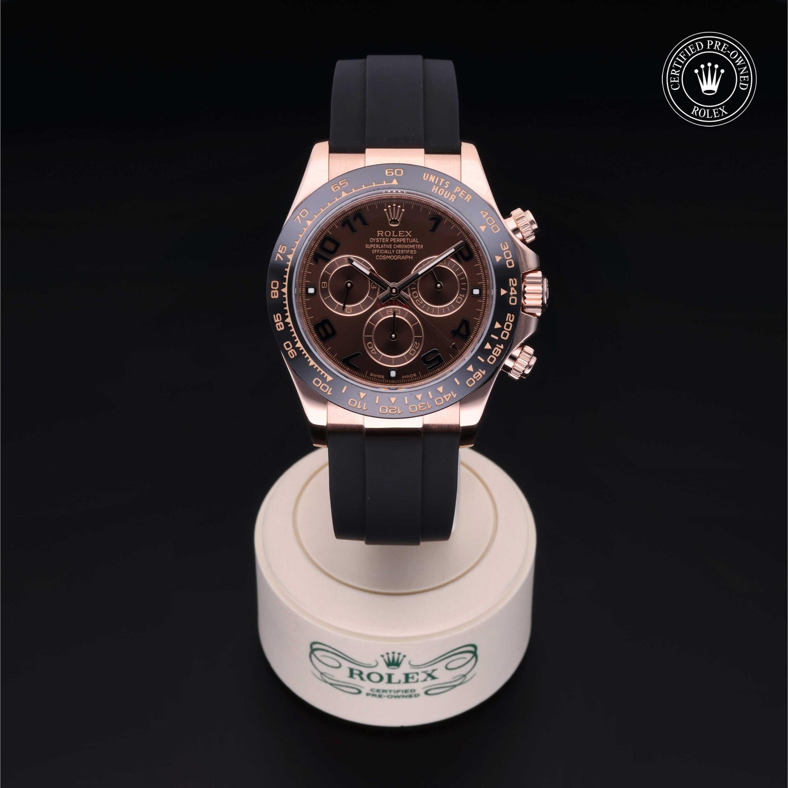 Rolex Certified Pre-owned Daytona M116515LN-0015 front on black background