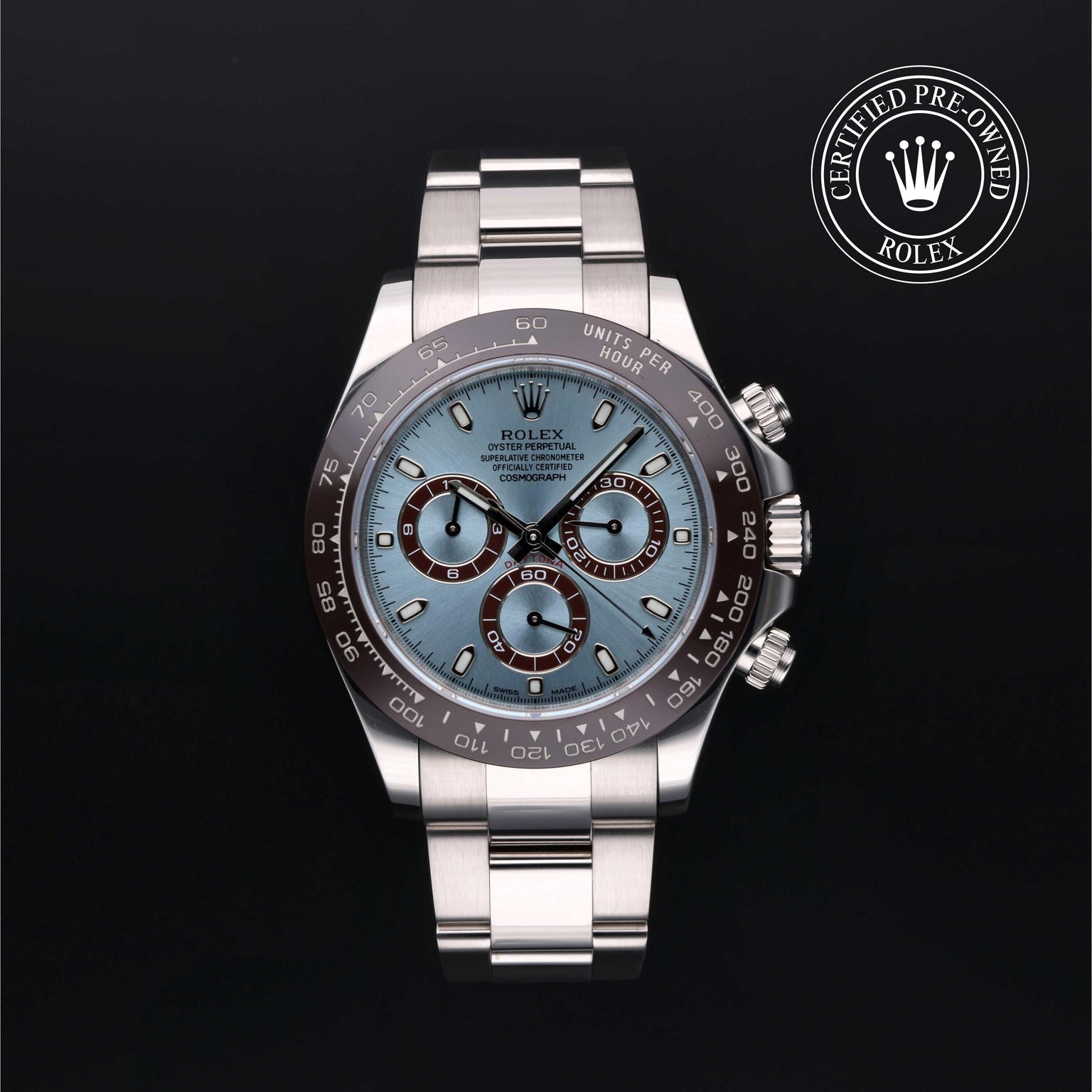 Rolex Certified Pre-owned Daytona M116506-0001 front on black background