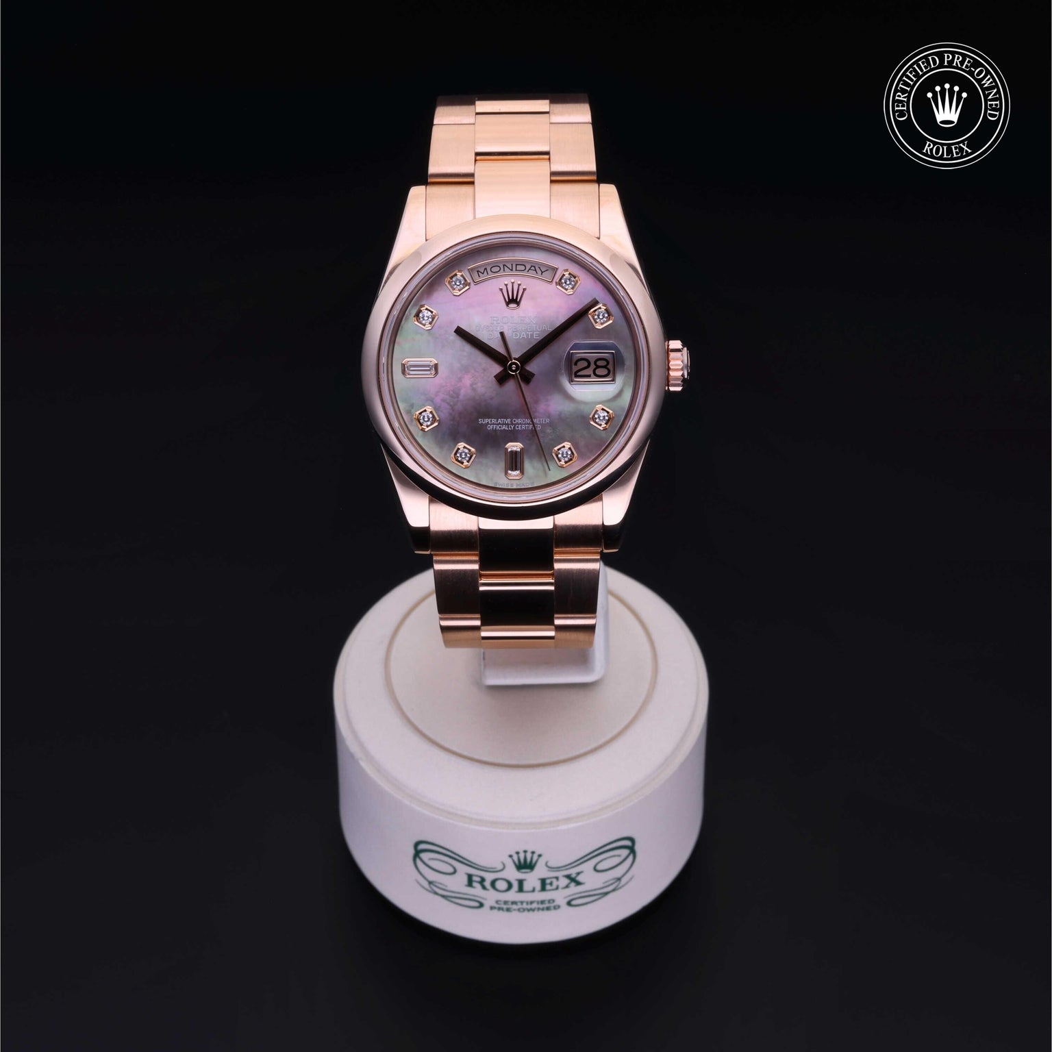 Rolex Certified Pre-owned Day-date M118205-0046 front on black background