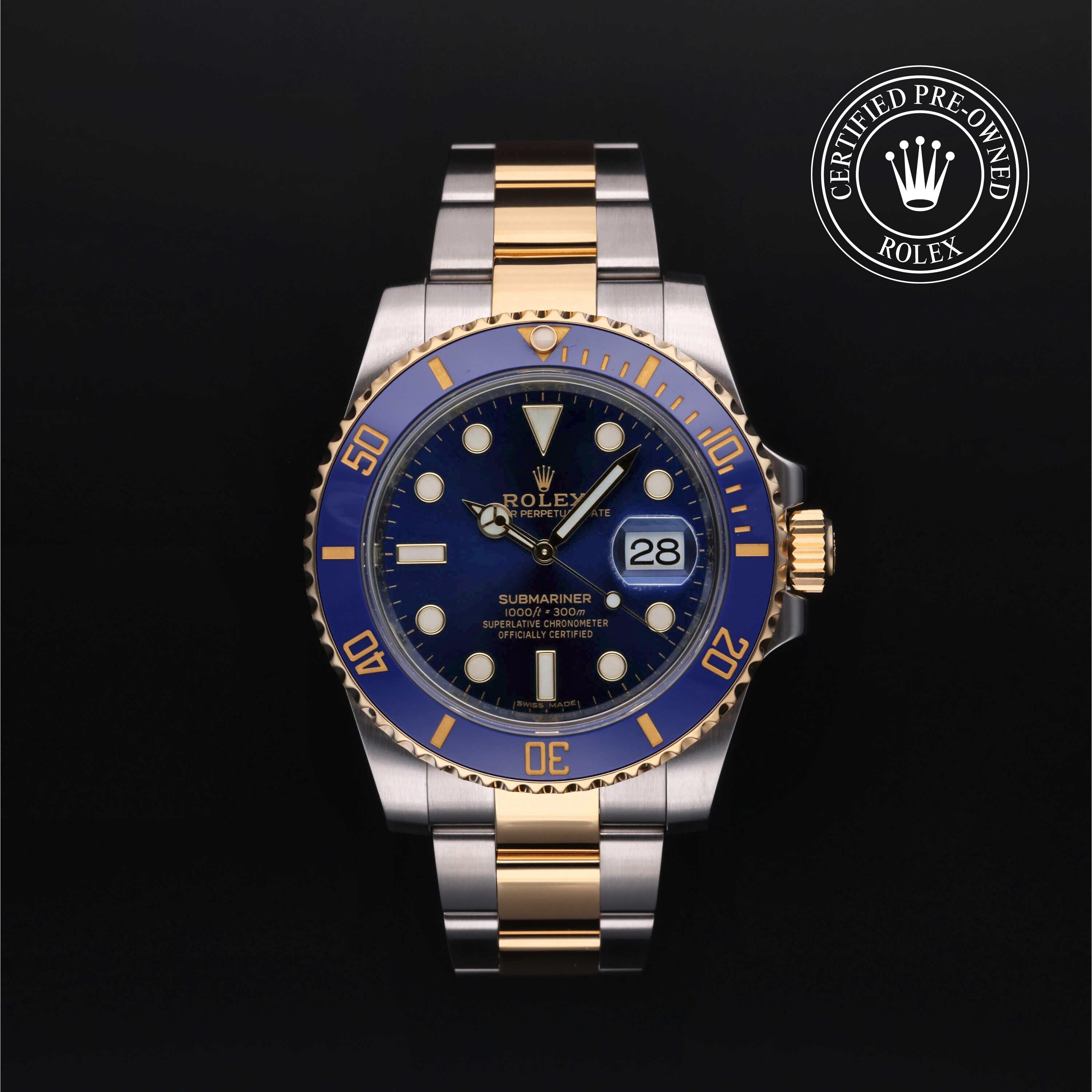 Rolex Certified Pre-owned Submariner M116613LB-0005 front on black background