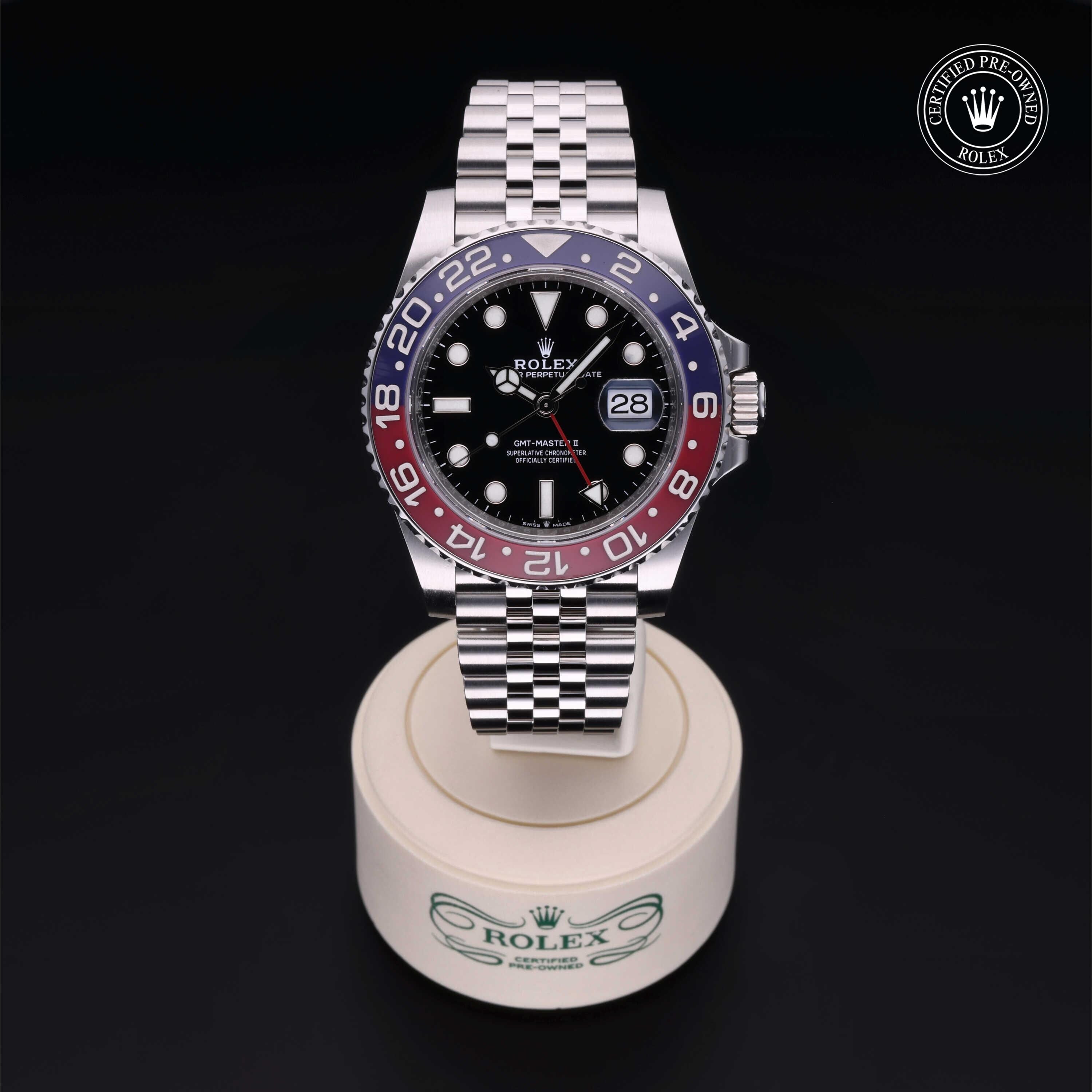 Rolex Certified Pre-owned GMT M126710BLRO-0001 front on black background