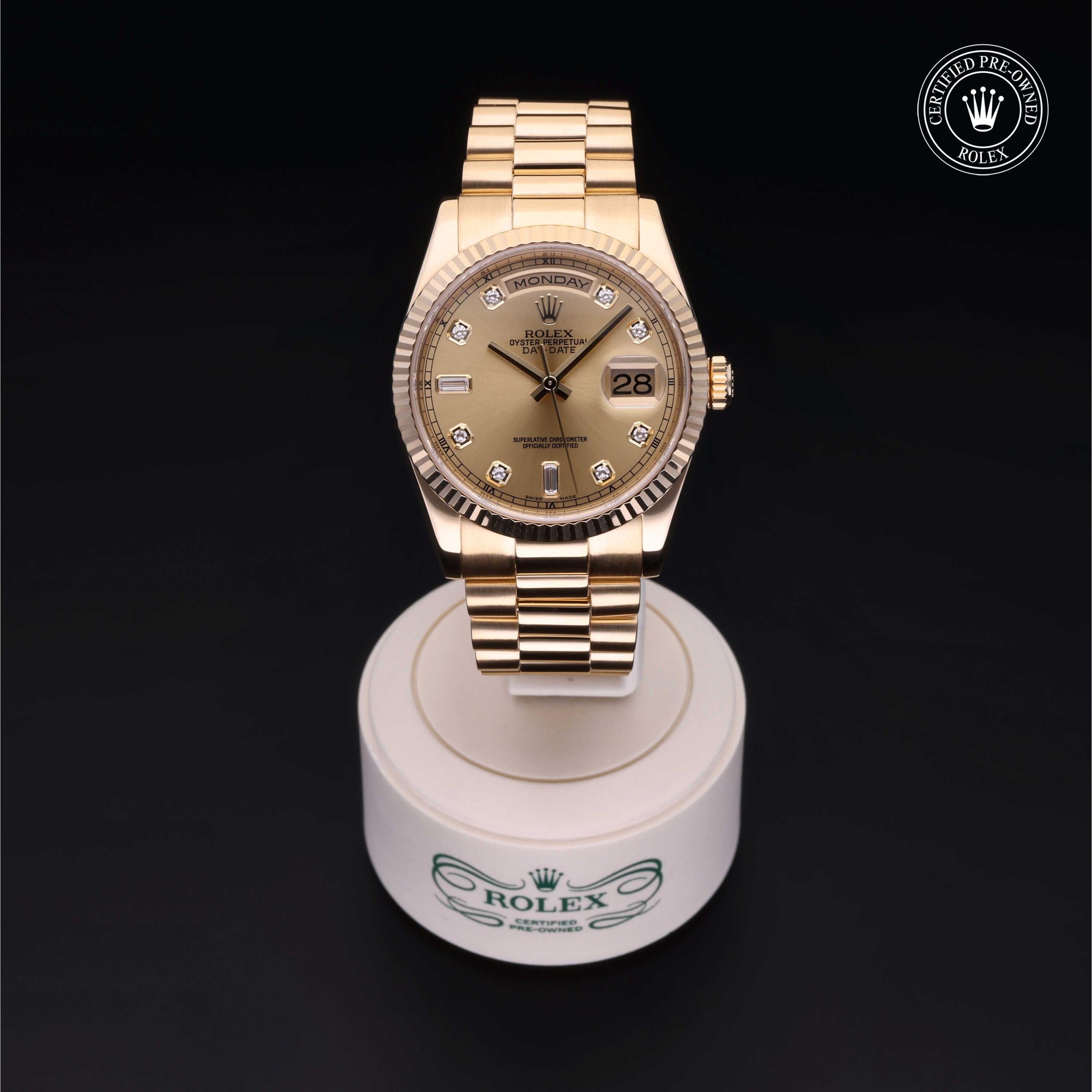 Rolex Certified Pre-owned Day-date M118238-0116 front on black background
