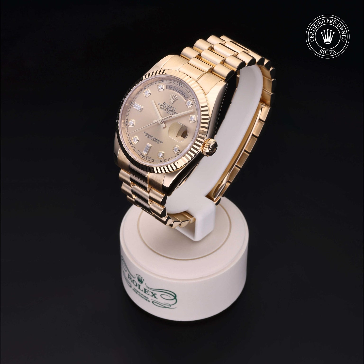 Rolex Certified Pre-owned Day-date M118238-0116 front on black background