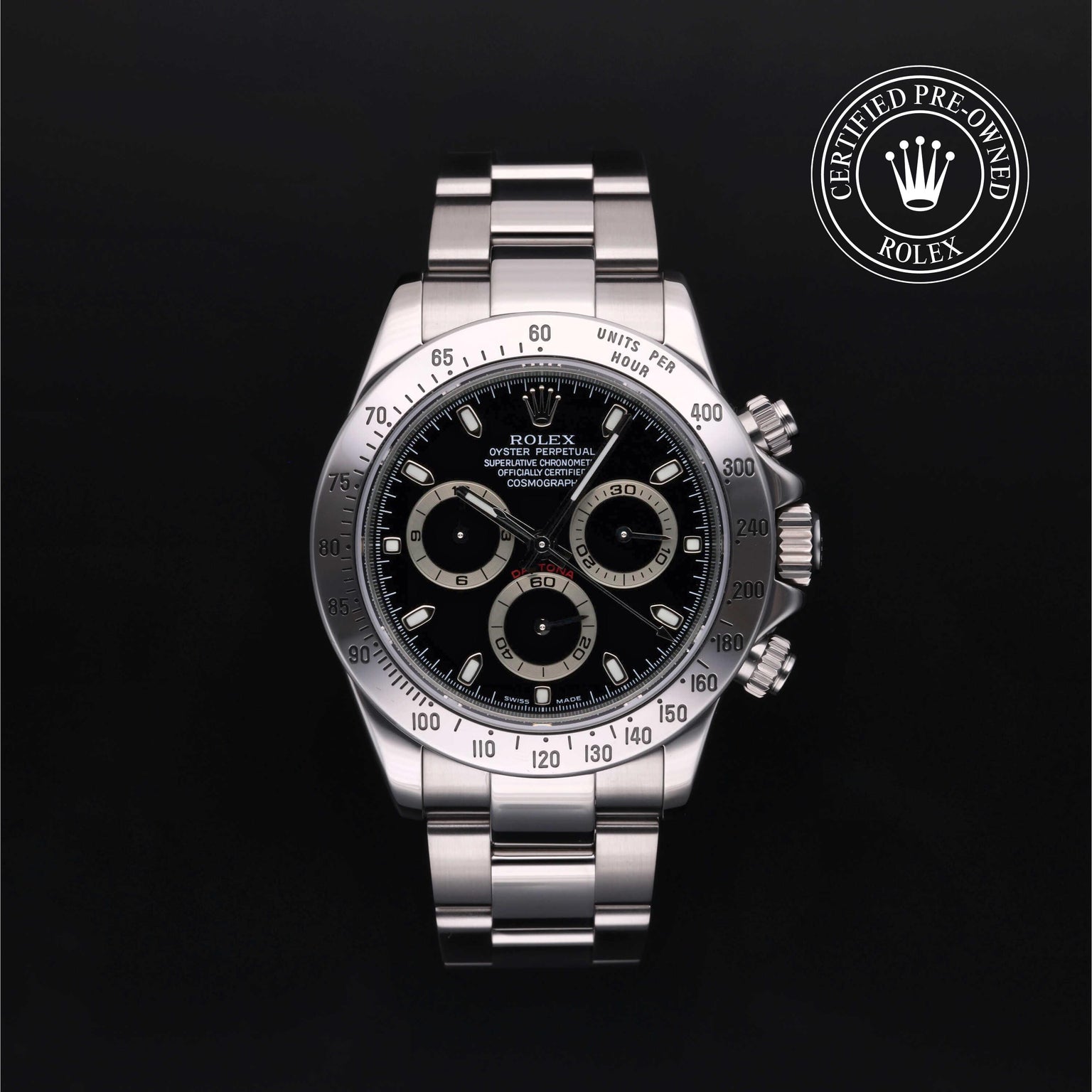 Rolex Certified Pre-owned Daytona M116520-0011 front on black background