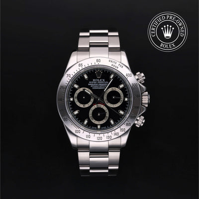Rolex Certified Pre-owned Daytona M116520-0011 front on black background