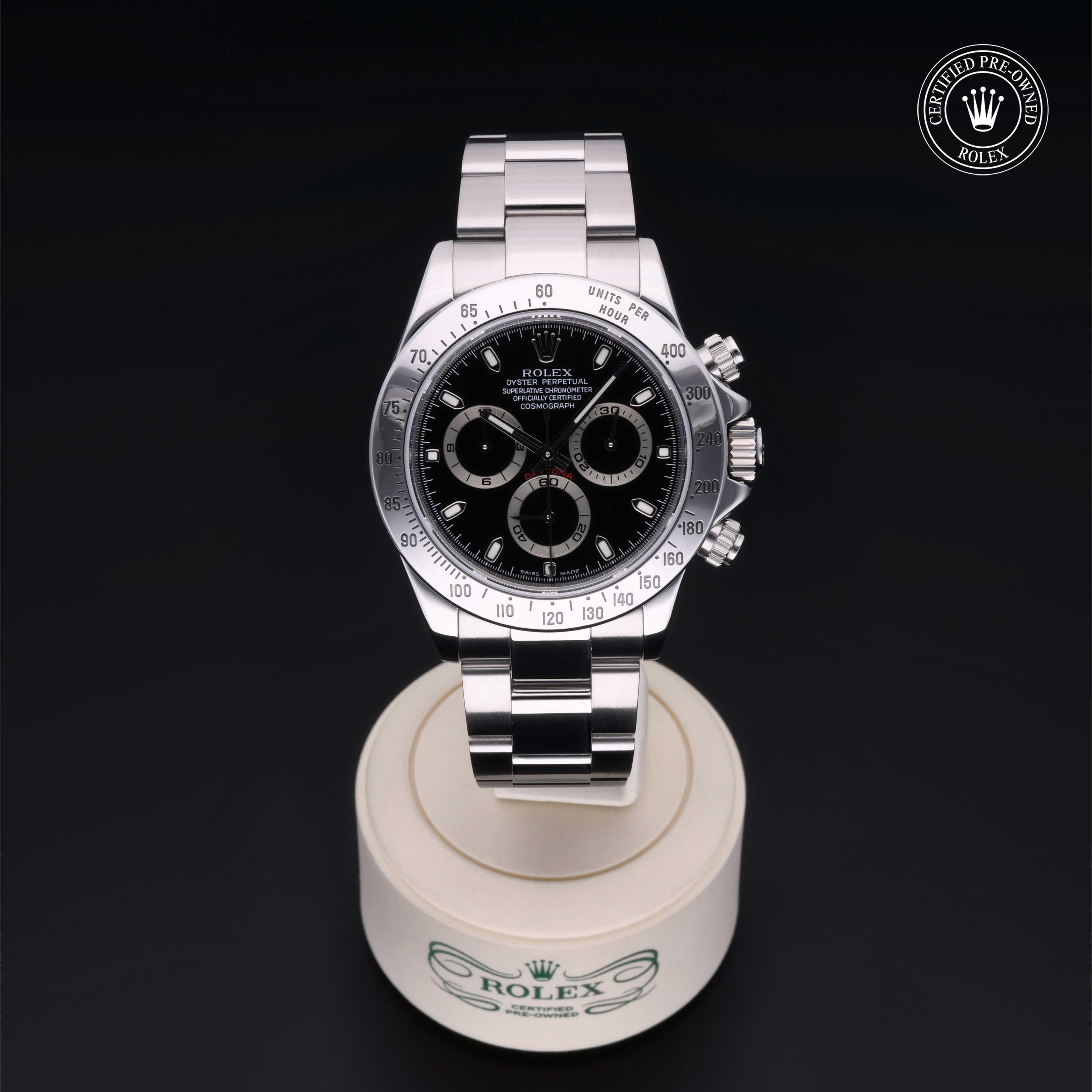 Rolex Certified Pre-owned Daytona M116520-0011 front on black background