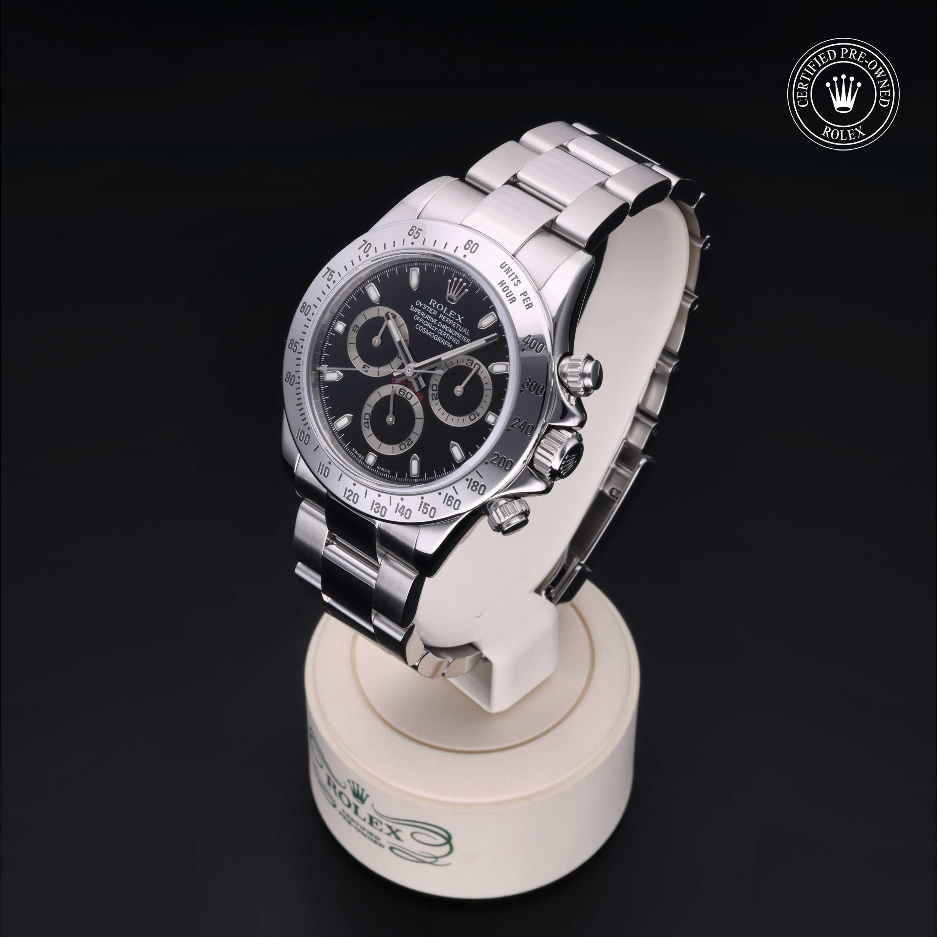 Rolex Certified Pre-owned Daytona M116520-0011 front on black background