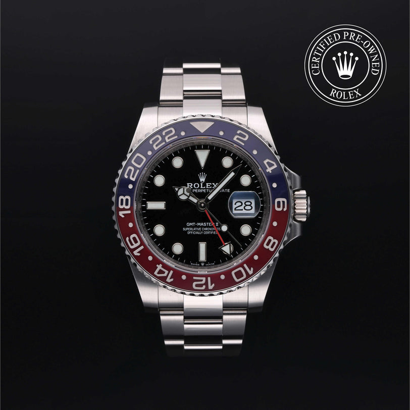 Rolex Certified Pre-owned GMT M126710BLRO-0002 front on black background