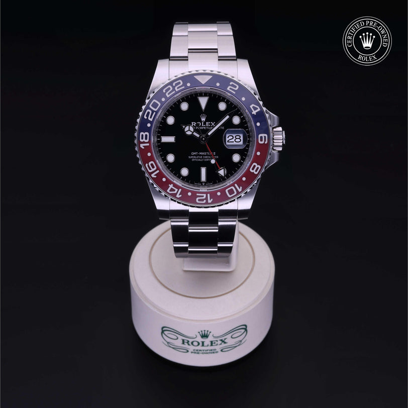 Rolex Certified Pre-owned GMT M126710BLRO-0002 front on black background