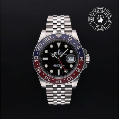 Rolex Certified Pre-owned GMT M126710BLRO-0001 front on black background