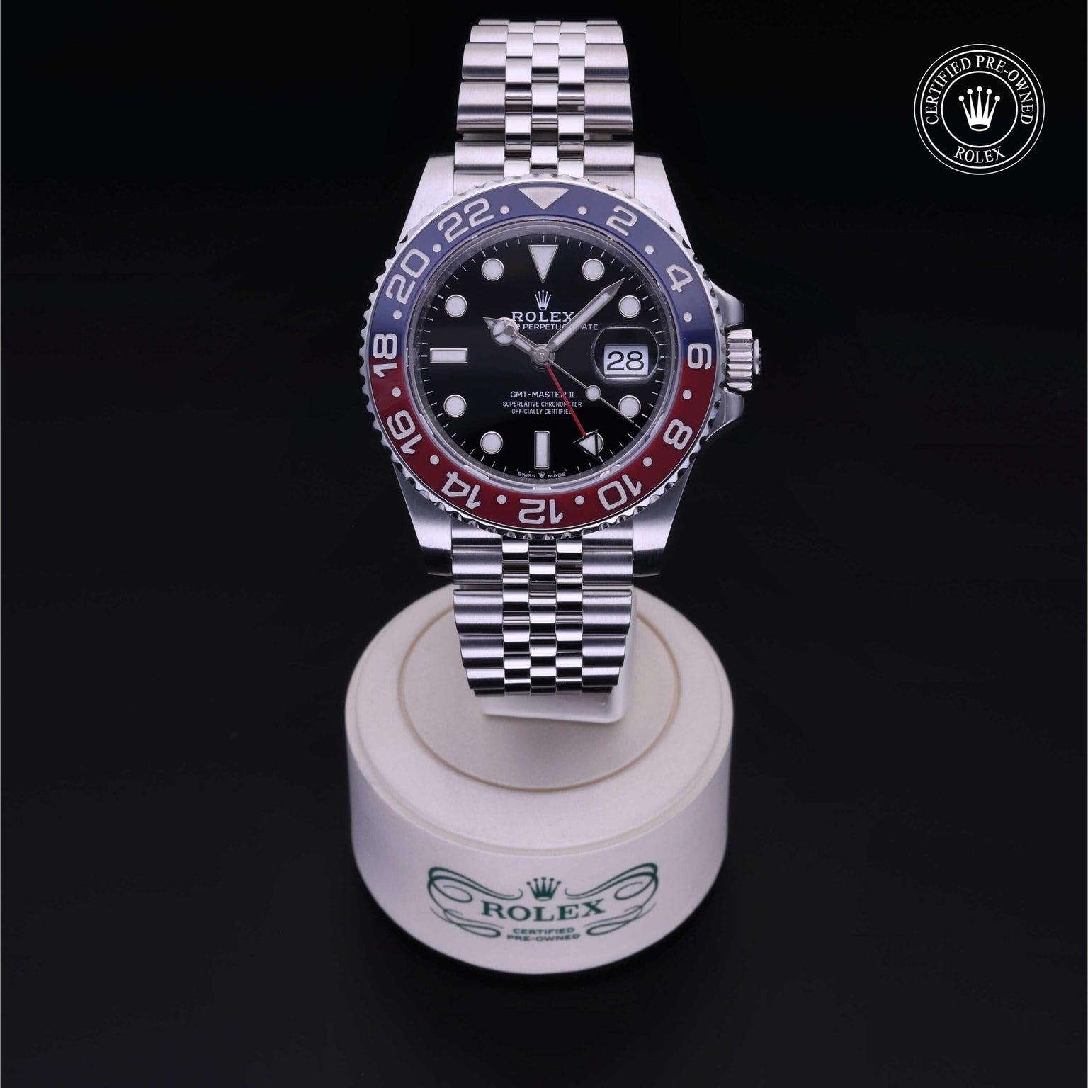 Rolex Certified Pre-owned GMT M126710BLRO-0001 front on black background