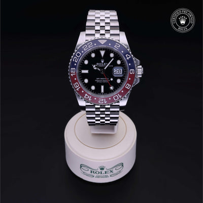 Rolex Certified Pre-owned GMT M126710BLRO-0001 front on black background