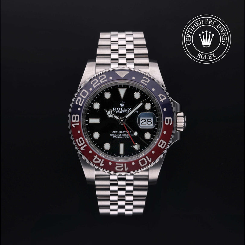 Rolex Certified Pre-owned GMT M126710BLRO-0001 front on black background