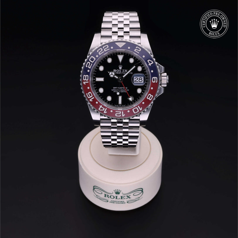 Rolex Certified Pre-owned GMT M126710BLRO-0001 front on black background