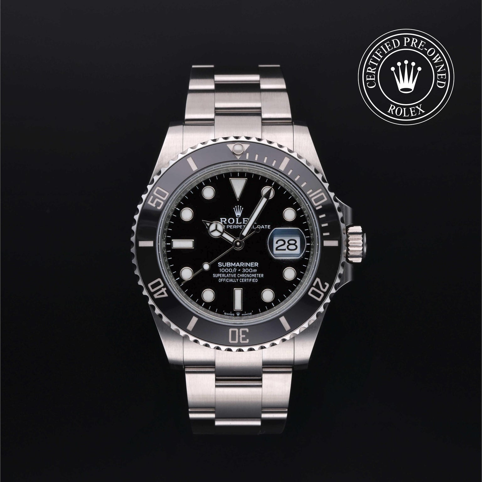 Rolex Certified Pre-owned Submariner M126610LN-0001 front on black background