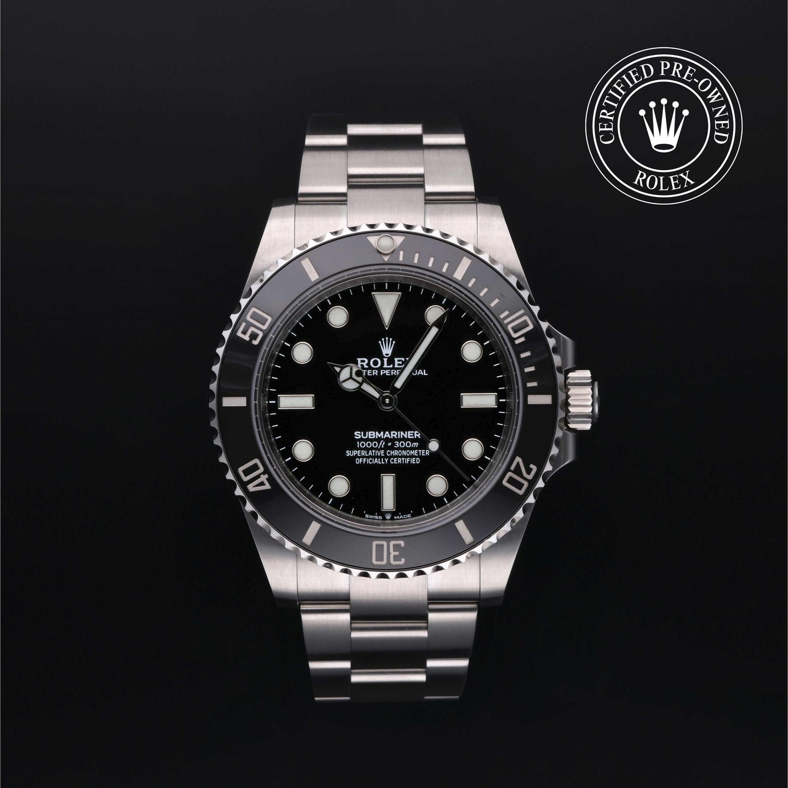 Rolex Certified Pre-owned Submariner M124060-0001 front on black background