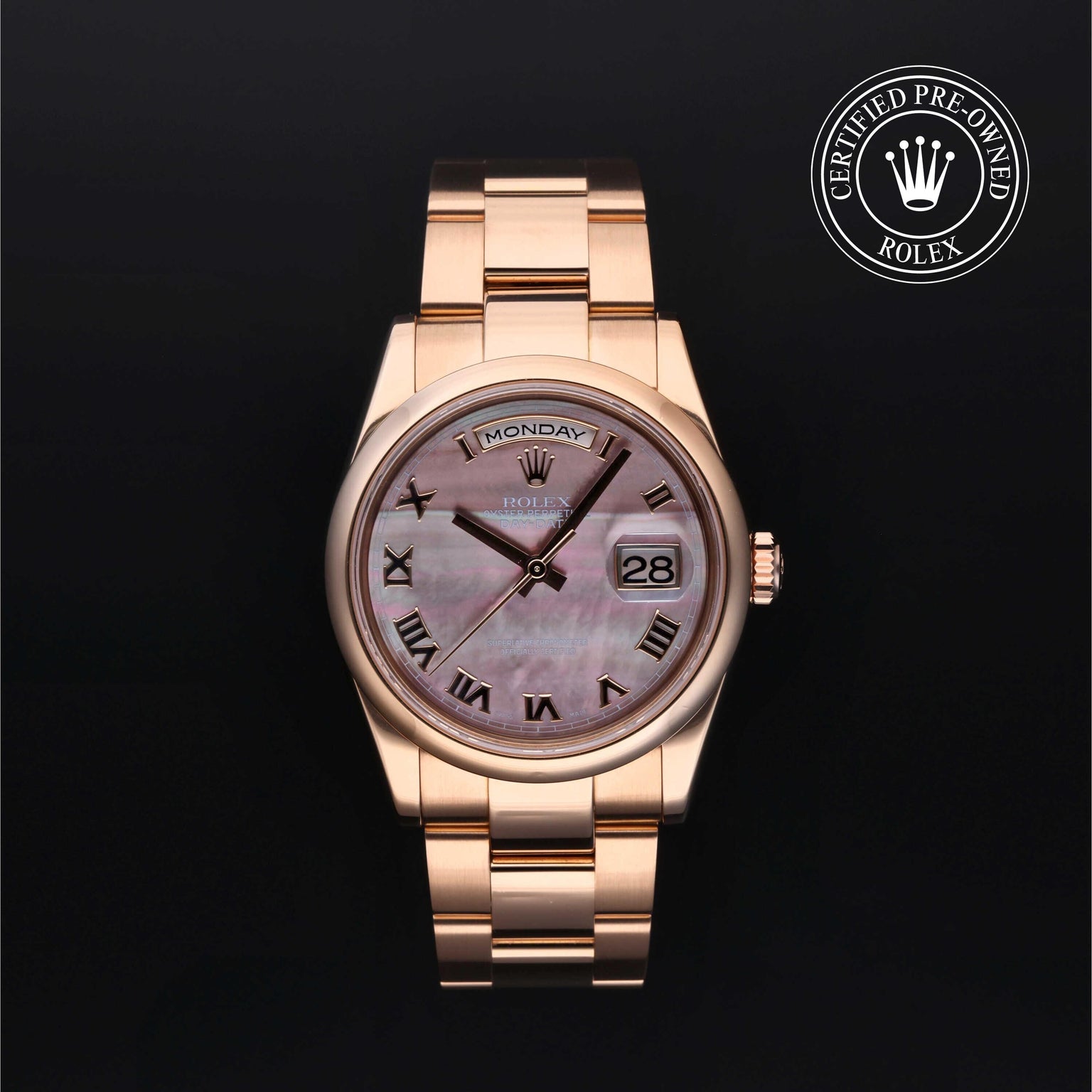 Rolex Certified Pre-owned Day-date M118205-0044 front on black background