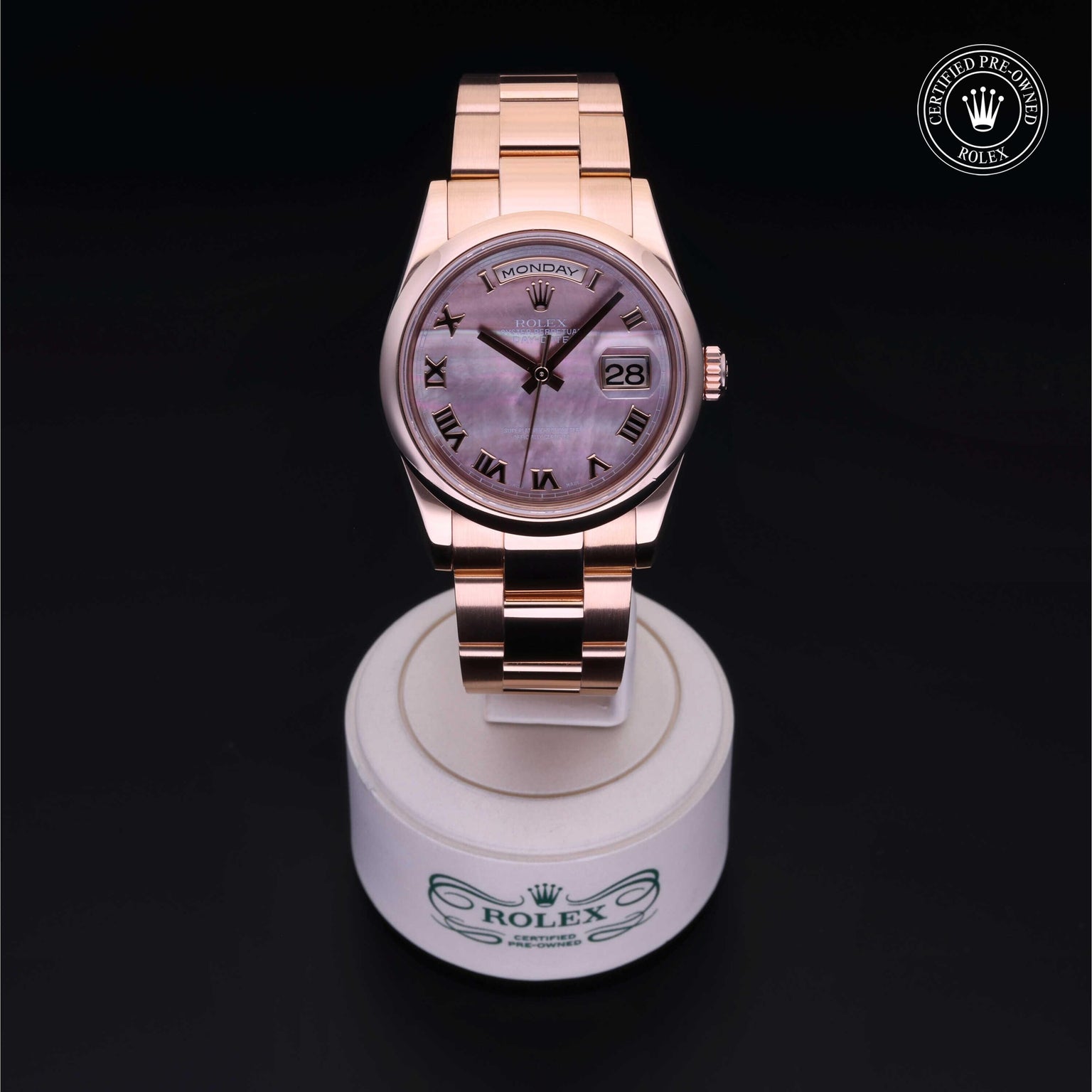 Rolex Certified Pre-owned Day-date M118205-0044 front on black background