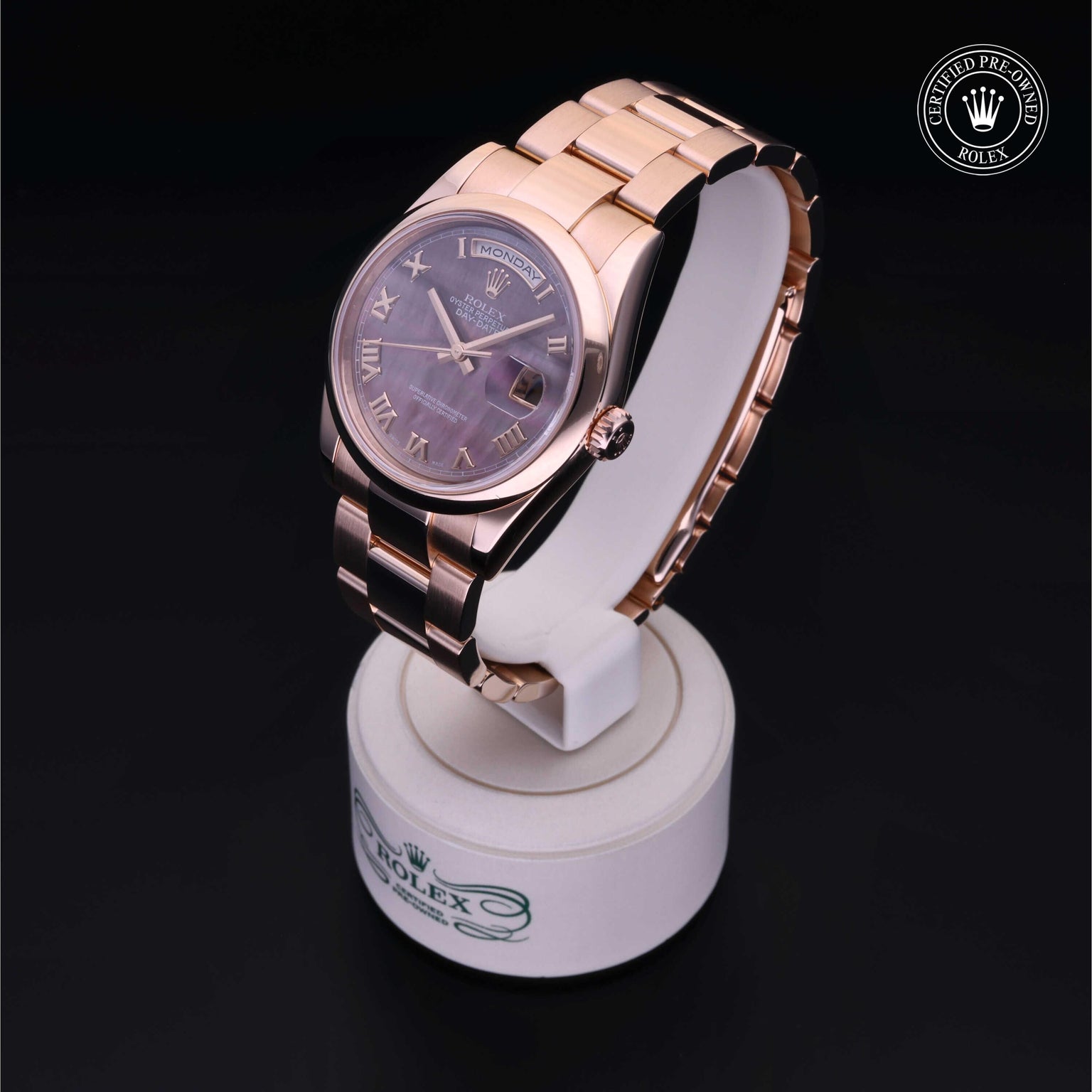 Rolex Certified Pre-owned Day-date M118205-0044 front on black background