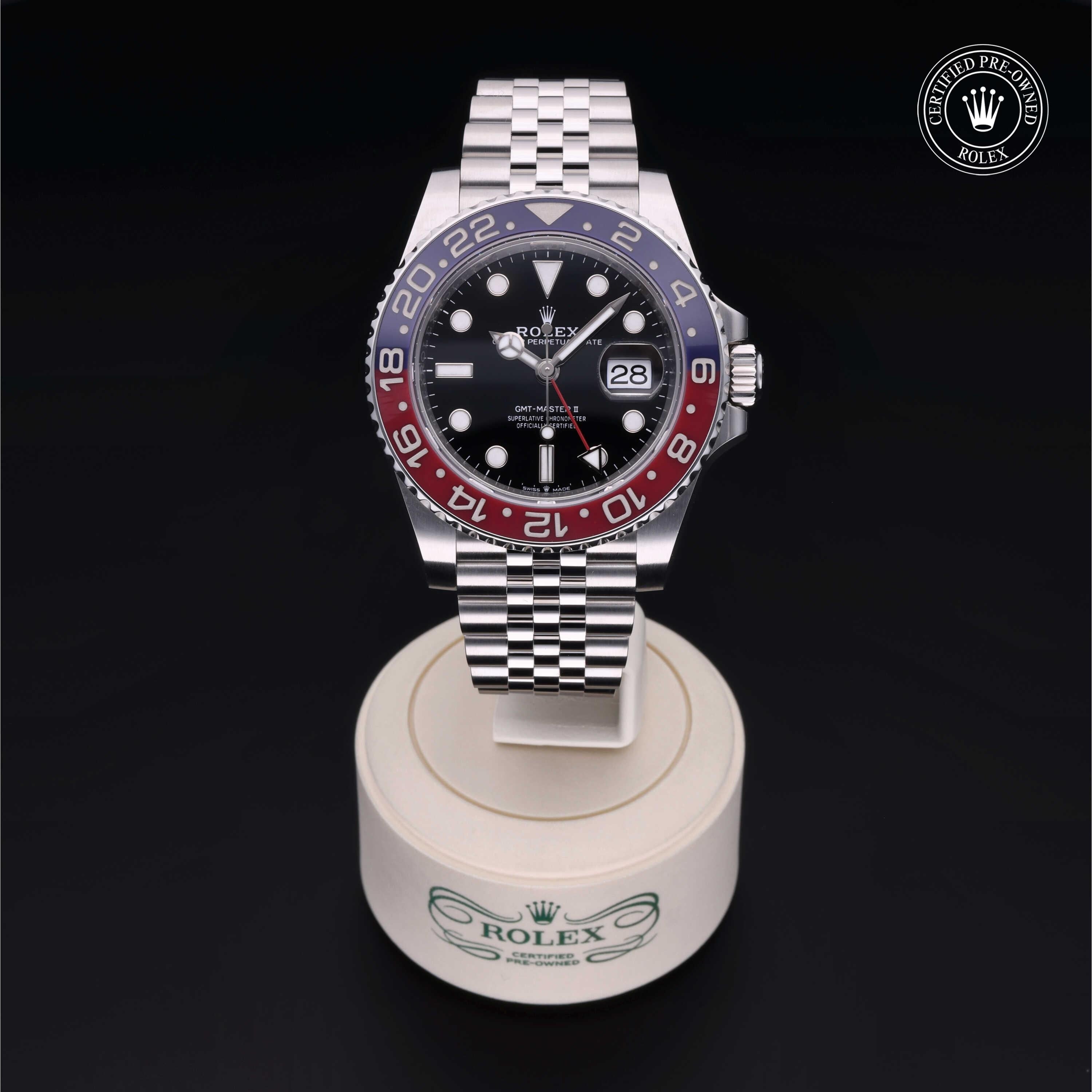 Rolex Certified Pre-owned GMT II M126710BLRO-0001 front on black background