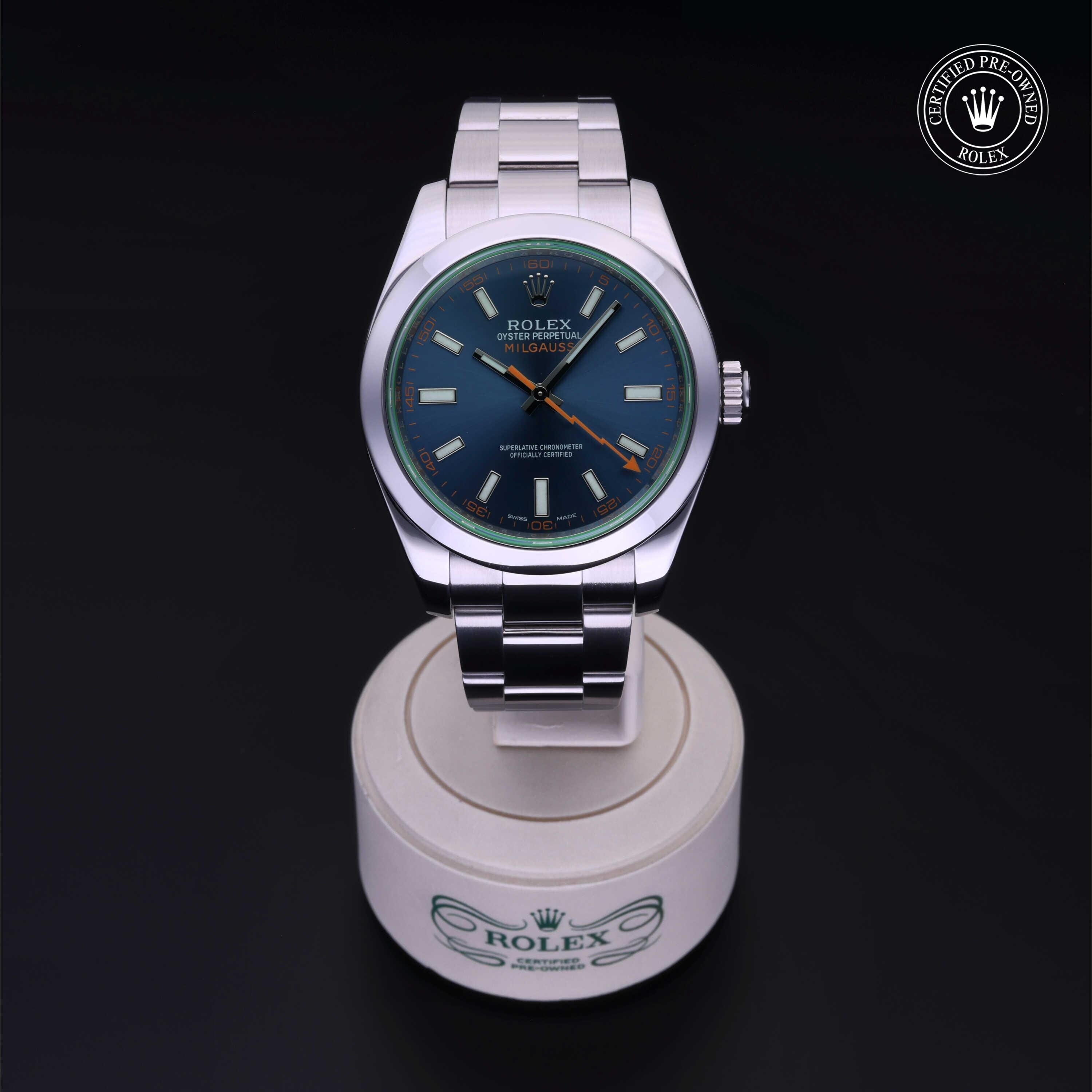 Rolex Certified Pre-owned Milgauss M116400GV-0002 front on black background
