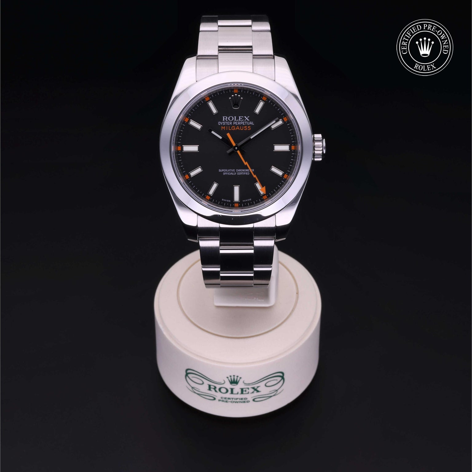 Rolex Certified Pre-owned Milgauss M116400-0001 front on black background