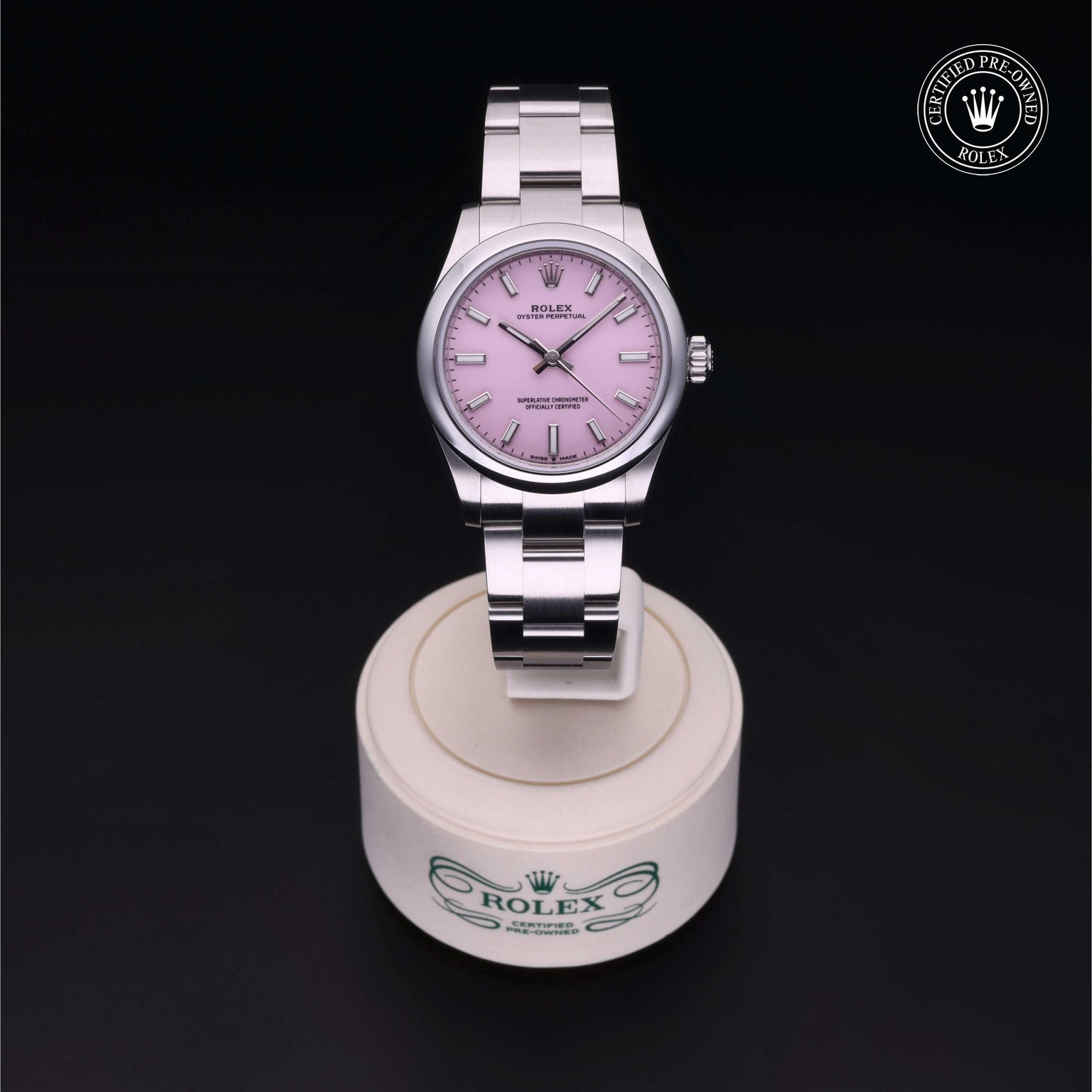 Rolex Certified Pre-owned Oyster Perpetual M277200-0009 front on black background