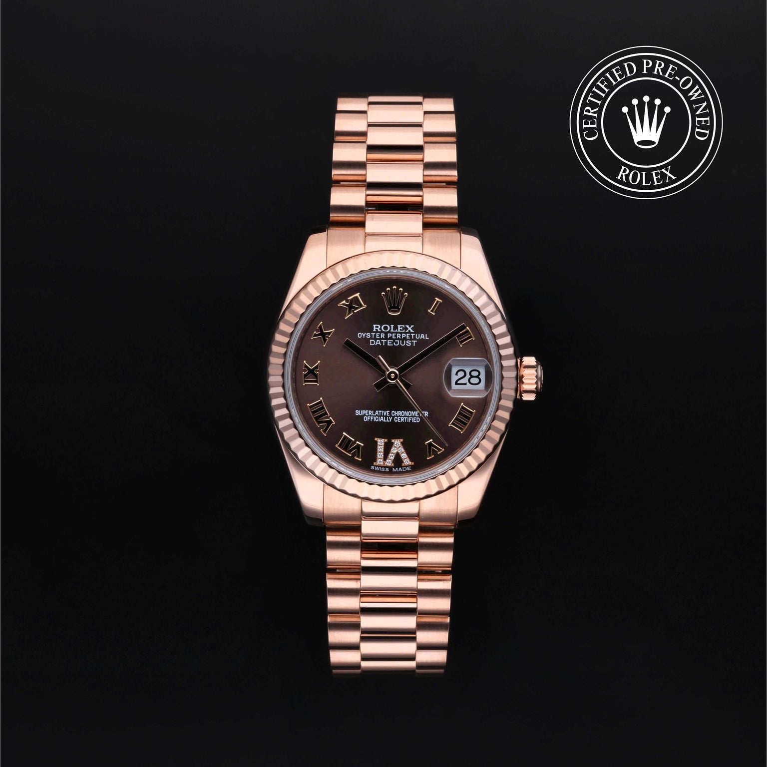 Rolex Certified Pre-owned Lady Datejust M178275F-0031 front on black background