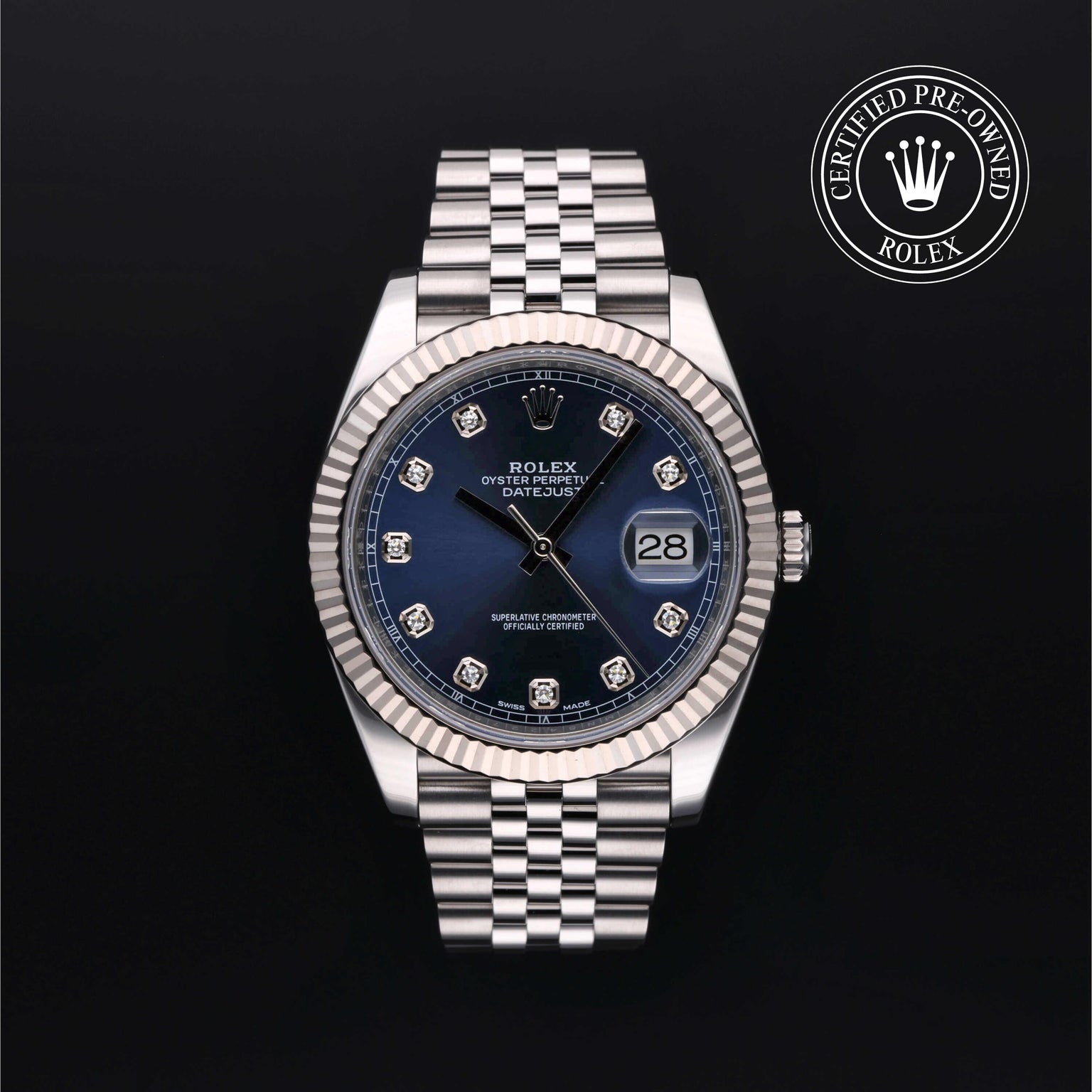 Rolex Certified Pre-owned Datejust M126334-0016 front on black background