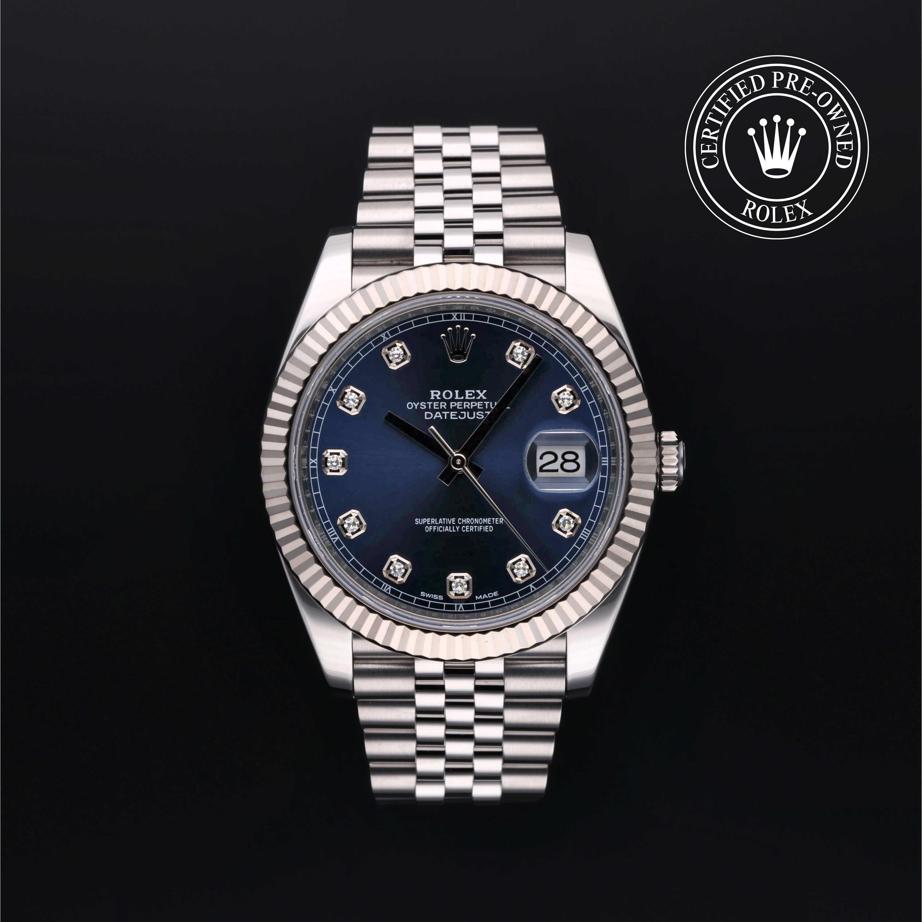Rolex Certified Pre-owned Datejust M126334-0016 front on black background