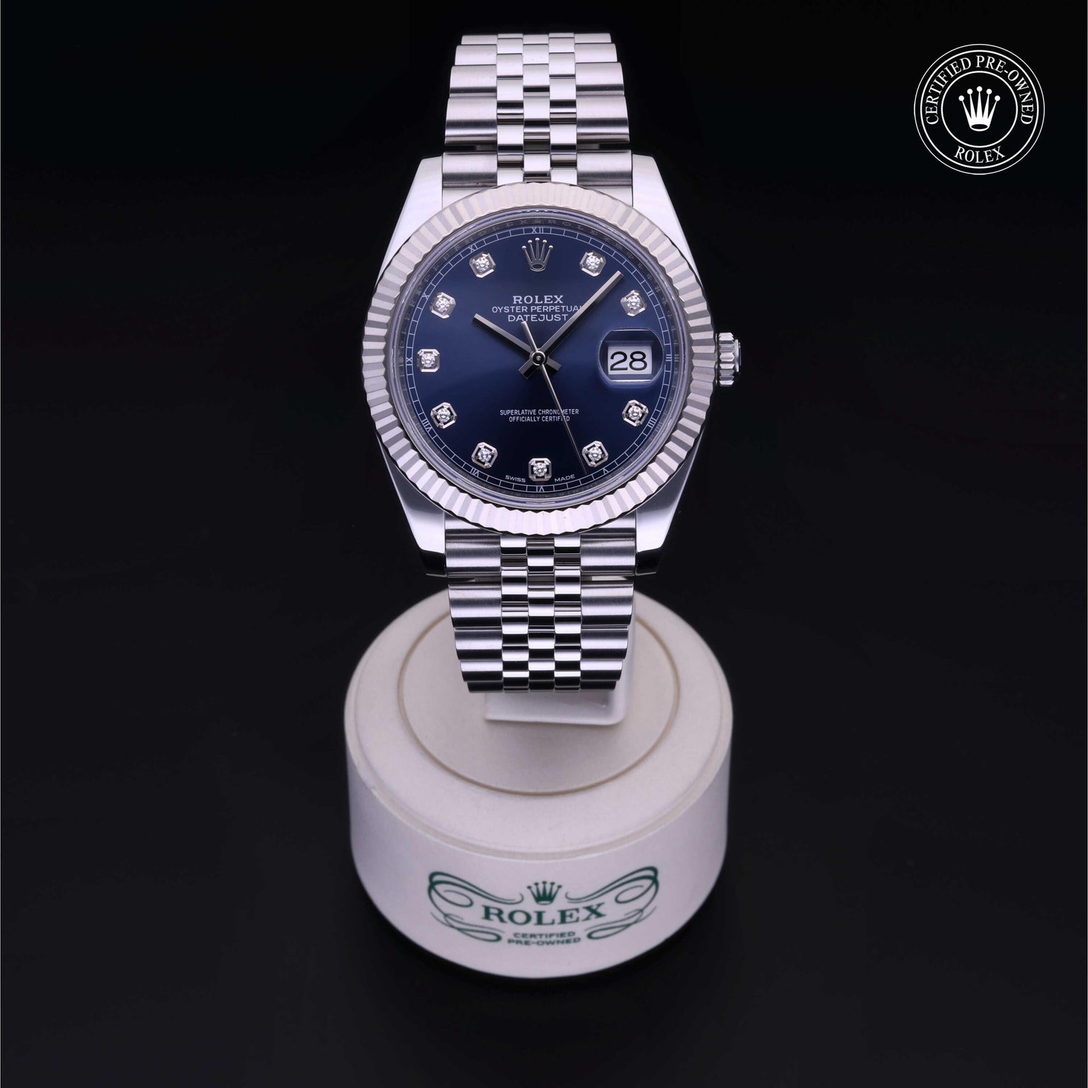Rolex Certified Pre-owned Datejust M126334-0016 front on black background