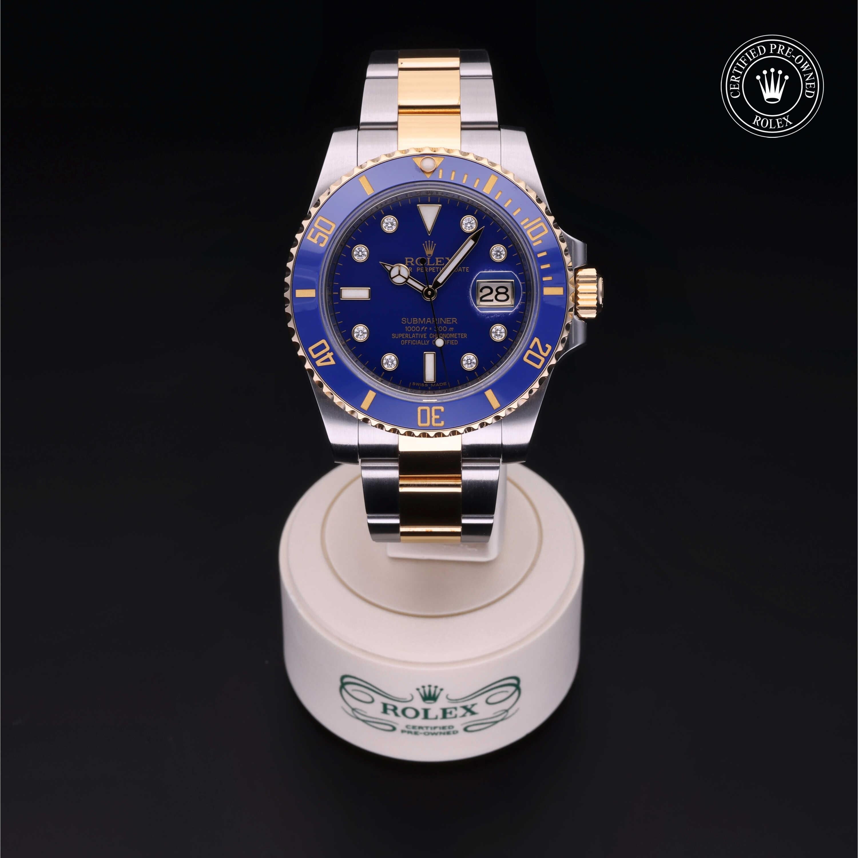 Rolex Certified Pre-owned Submariner M116613LB-0003 front on black background