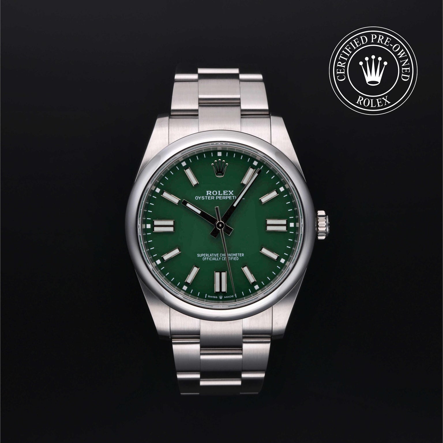 Rolex Certified Pre-owned Oyster Perpetual M124300-0005 front on black background
